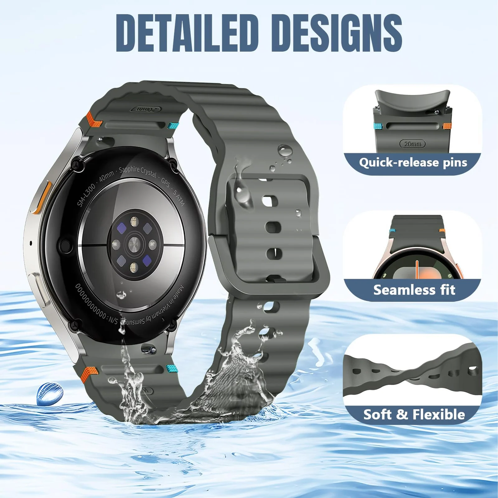 DL3 Mobilak No Gap Sport Bands For Samsung Galaxy Watch 7 6 5 4 FE Strap 40mm 44mm, Soft Silicone Sport Band for Galaxy Watch 6 Classic Straps 47mm 43mm/Galaxy Watch 5 Pro/Watch 4 Classic 42mm 46mm for Men Women - Dark Olive