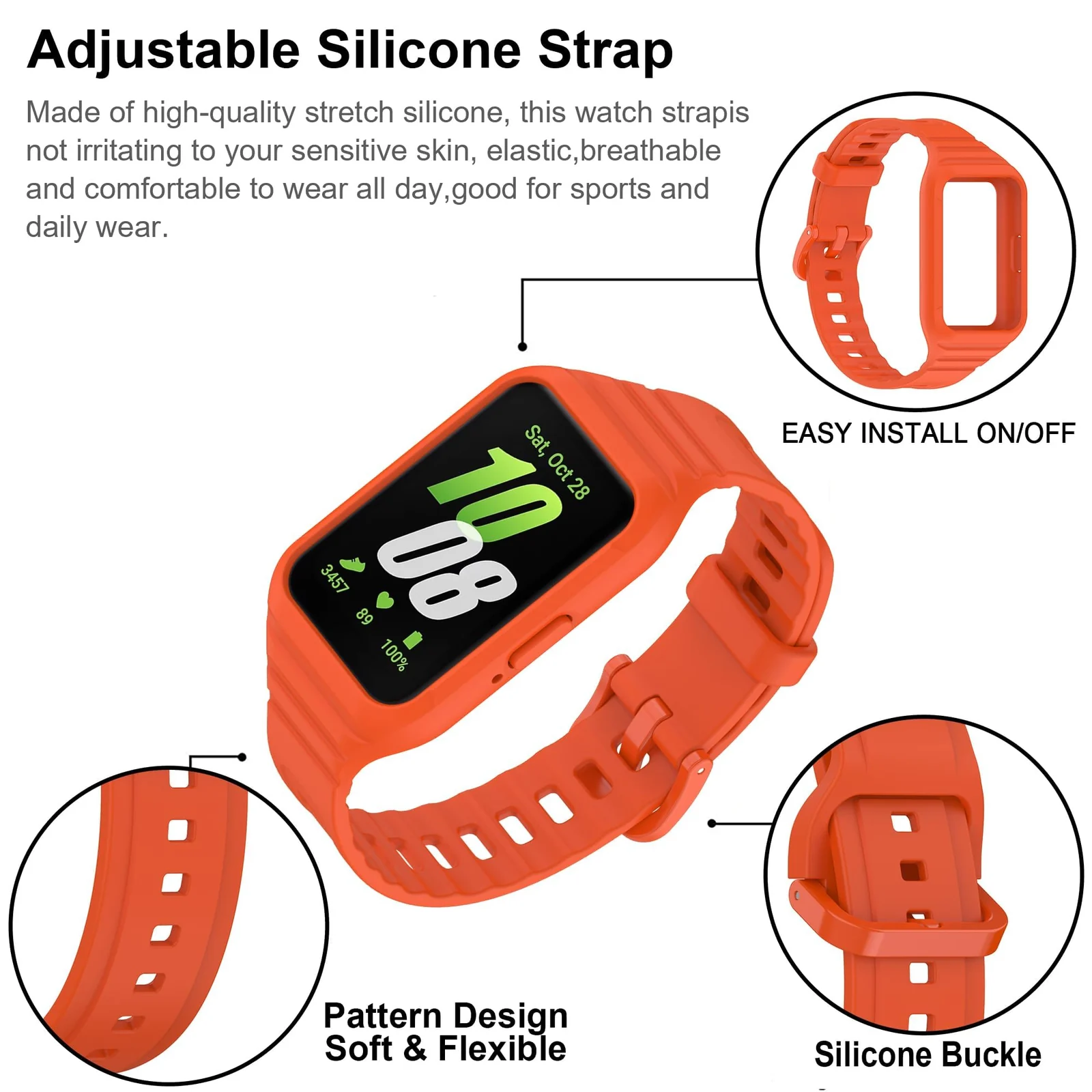 DL3 Mobilak Strap Compatible with Samsung Galaxy Fit 3 SM-R390, Silicone Sport Band Replacement Watchband with Bumper Case for Samsung Galaxy Fit 3, Adjustable Wristband - Orange