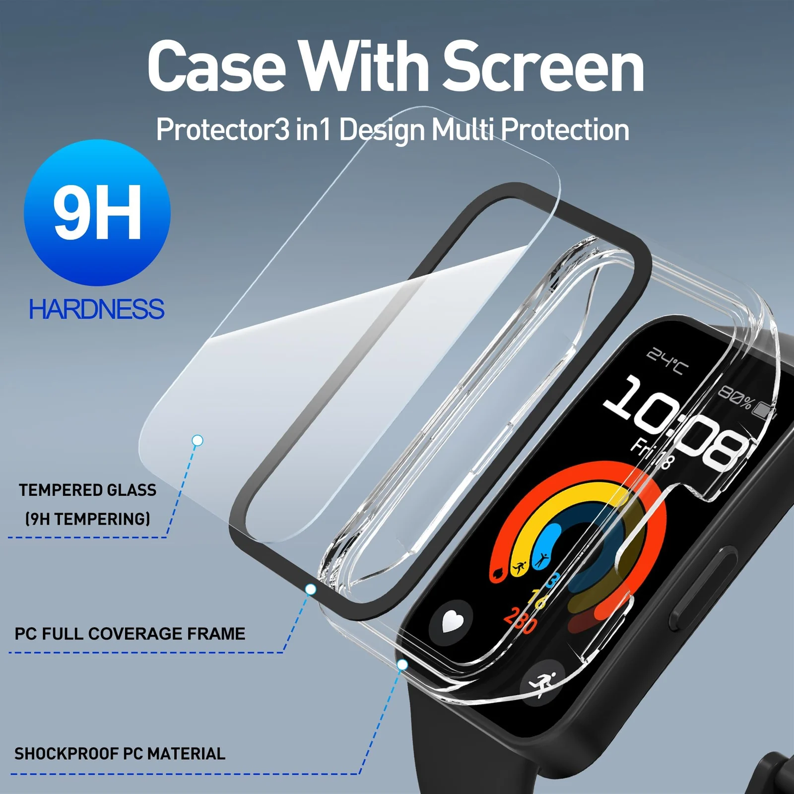 DL3 Mobilak Case with Screen Protector for Huawei Band 10, Bumper Full Coverage Hard PC Overall Protective Cover, Built-in Tempered Glass Film High Sensitivity For Huawei Band 10 - Clear