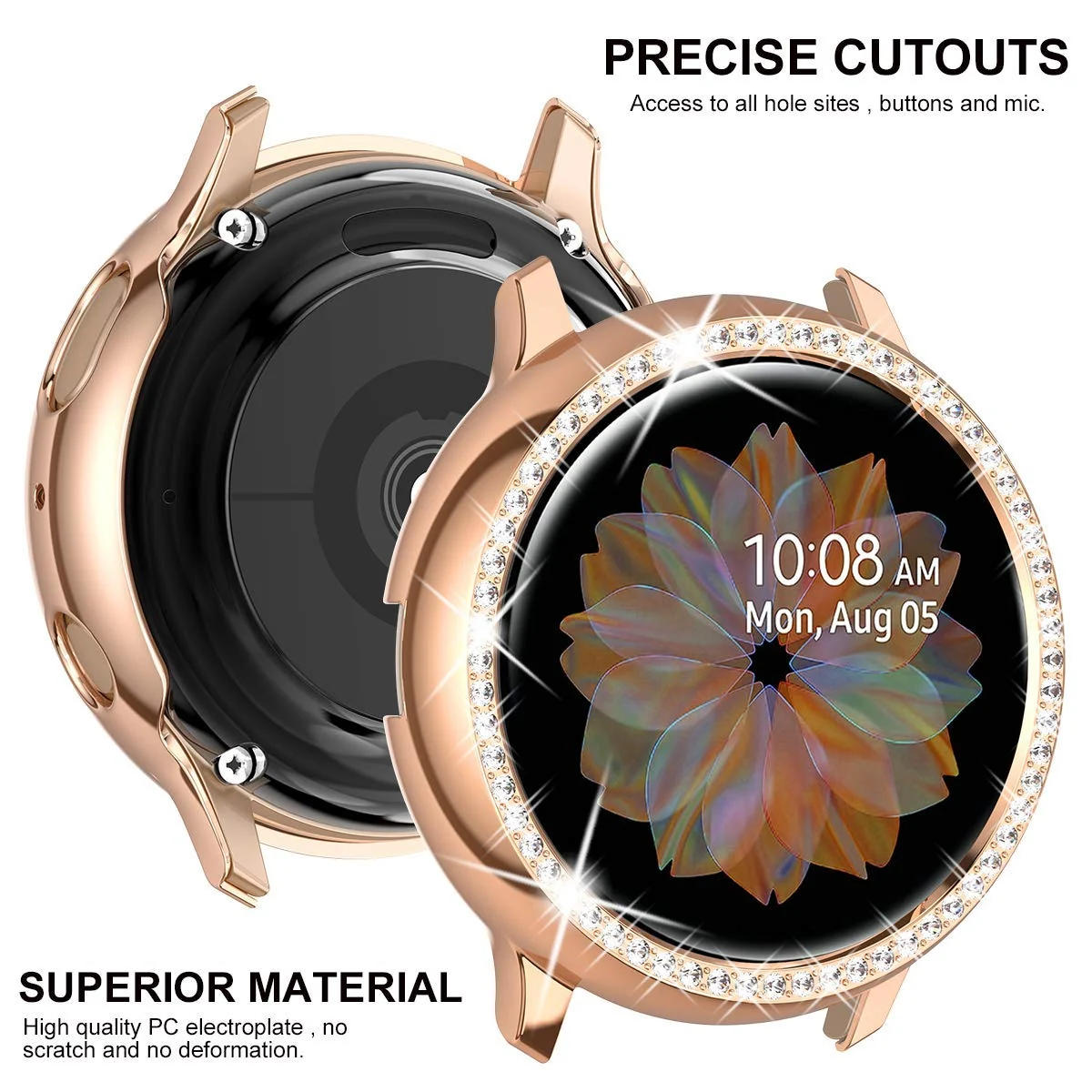DL3 Mobilak Bumper Diamond Case Compatible with Samsung Galaxy Watch Active 2 44mm, Bling Crystal Diamonds PC Plastic Protector Case Cover Frame For Galaxy Watch Active2 44 mm - Rose Gold