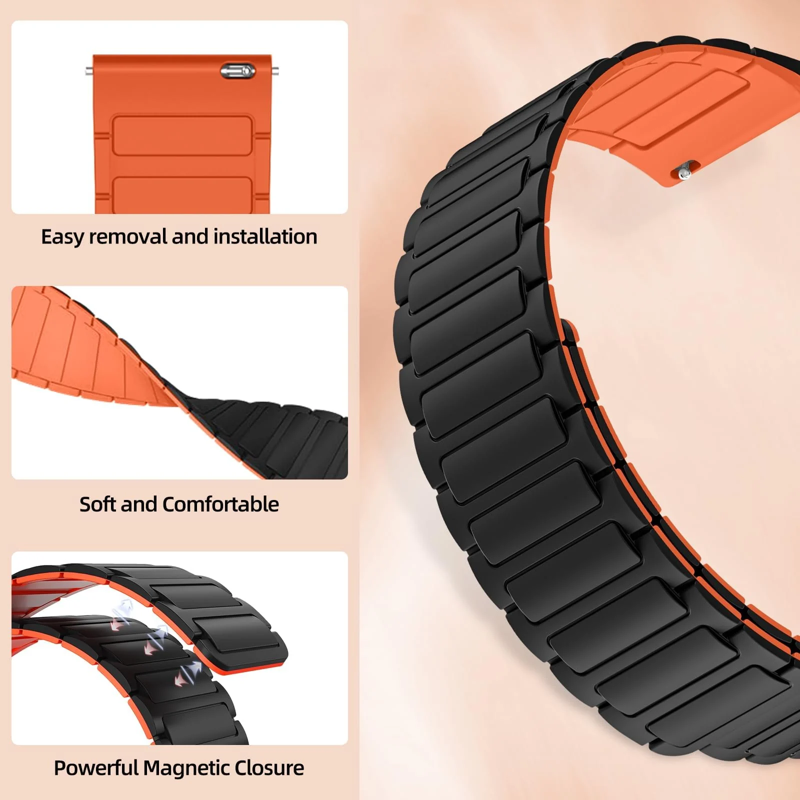DL3 Mobilak 22mm Silicone Magnetic Strap for Xiaomi Redmi Watch 5 Active/5 Lite/Samsung Galaxy Watch 46mm/Watch 3 45mm/Gear S3/Huawei watch (GT6 GT5 GT4 GT3 GT2 GT 46MM)/GT2E/GT6 Pro/GT 5 Pro/Amazfit GTR4/Bip 6 - Black Orange