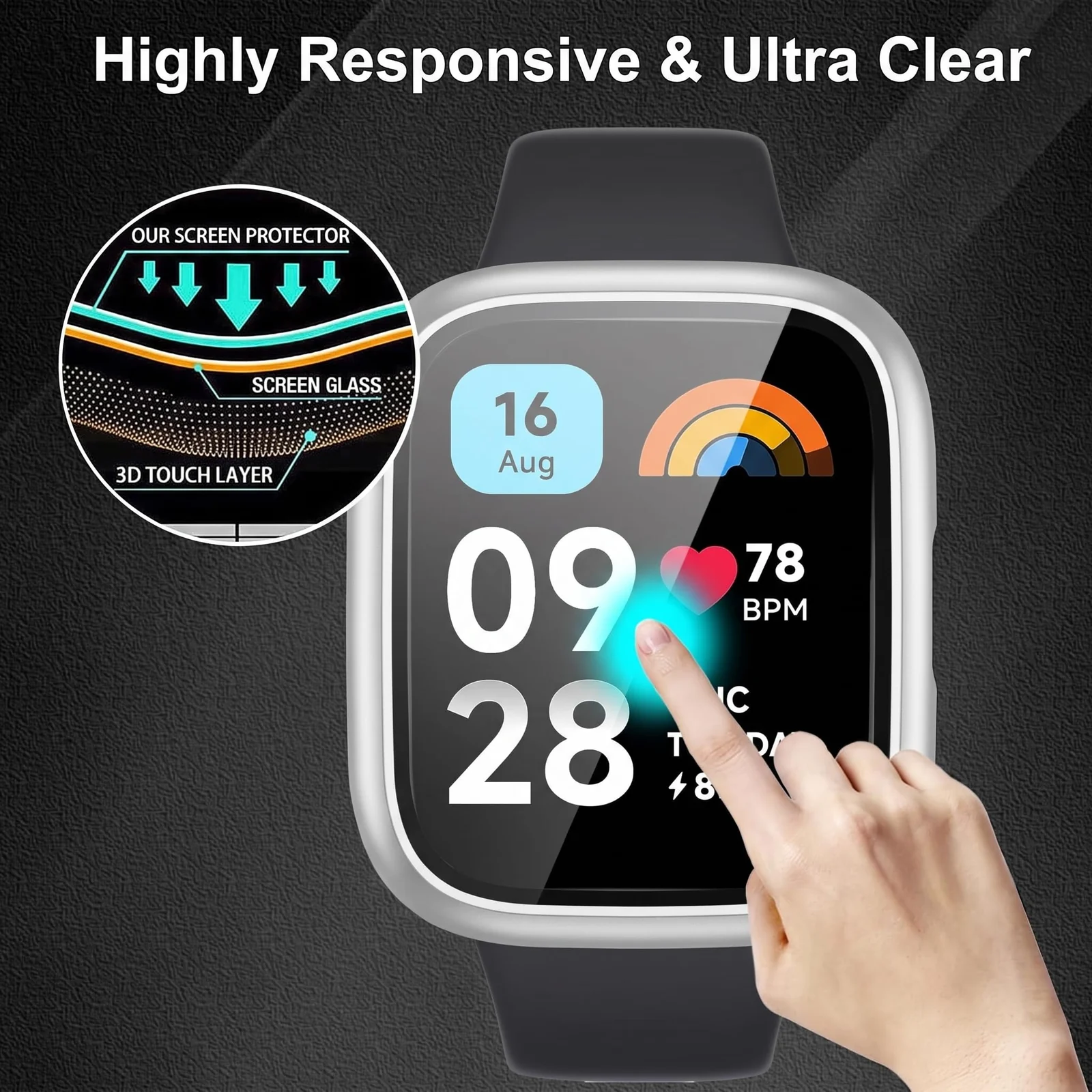 DL3 MOBILAK Full-Coverage Watch Case with Tempered Glass for Xiaomi Redmi Watch 3 Active / Redmi Watch 3 Lite, Silver