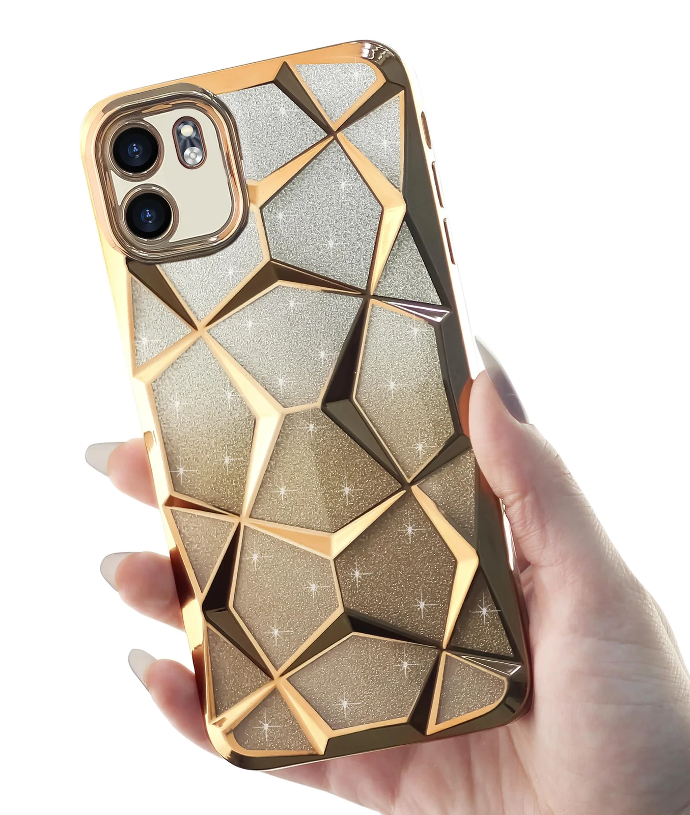 DL3 Mobilak Compatible with Infinix Smart 9 / Infinix Hot 50i Case Plating Bling Gradient Glitter Clear Cover Soft TPU Silicone Cute Camera Protection Shockproof Back for Women Girls Case - Gold