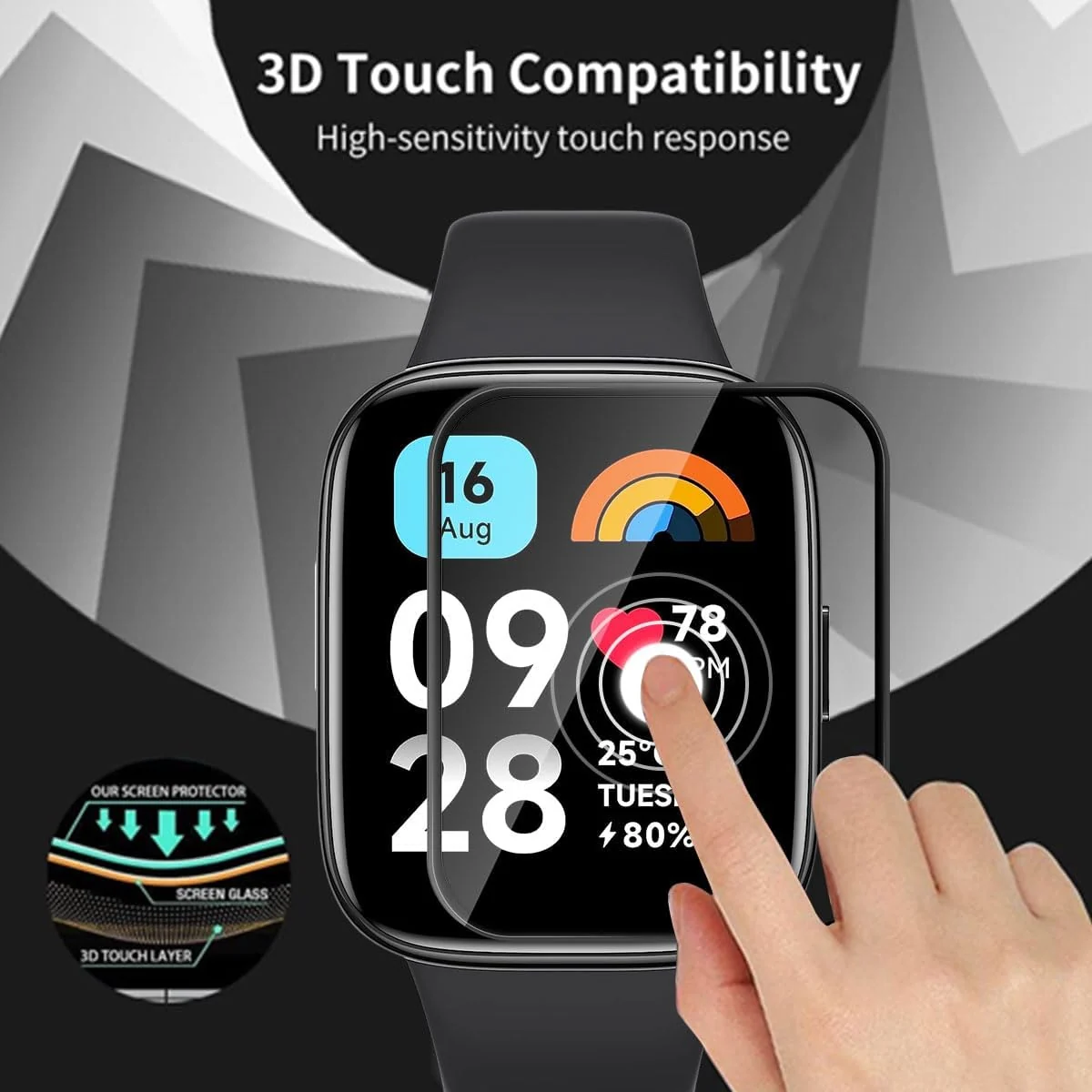 DL3 Mobilak Screen Protector For Xiaomi Redmi Watch 3, 3D Curved Soft Edge Protective Film [Anti-Scratch] [Bubble Free] [Ultra Shatterproof] [High Sensitive] (Not Glass) - Black
