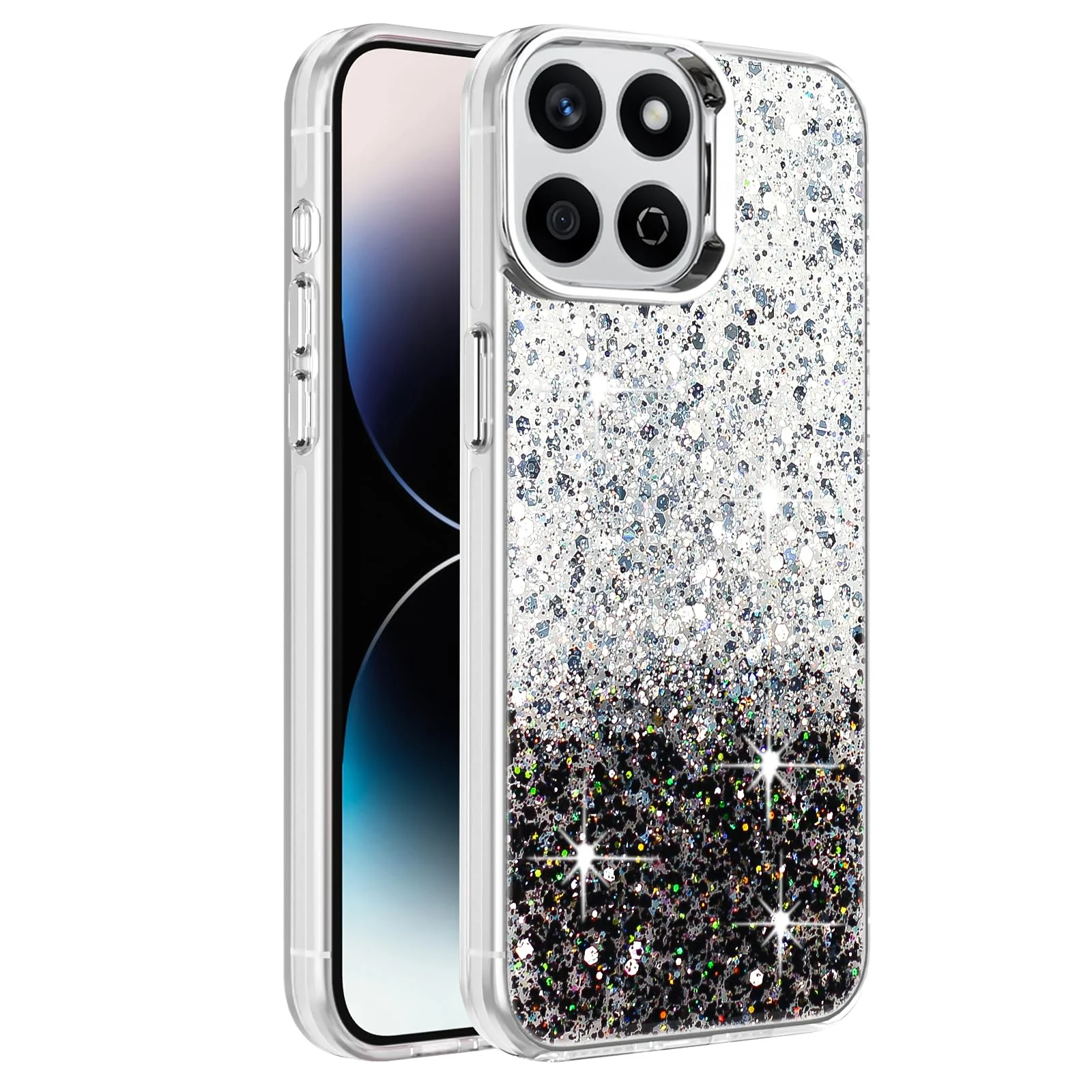 DL3 Mobilak Glitter Protective Case for Honor X7C, Supports wireless charging, Camera protection, Shock-absorbing protection - White Black