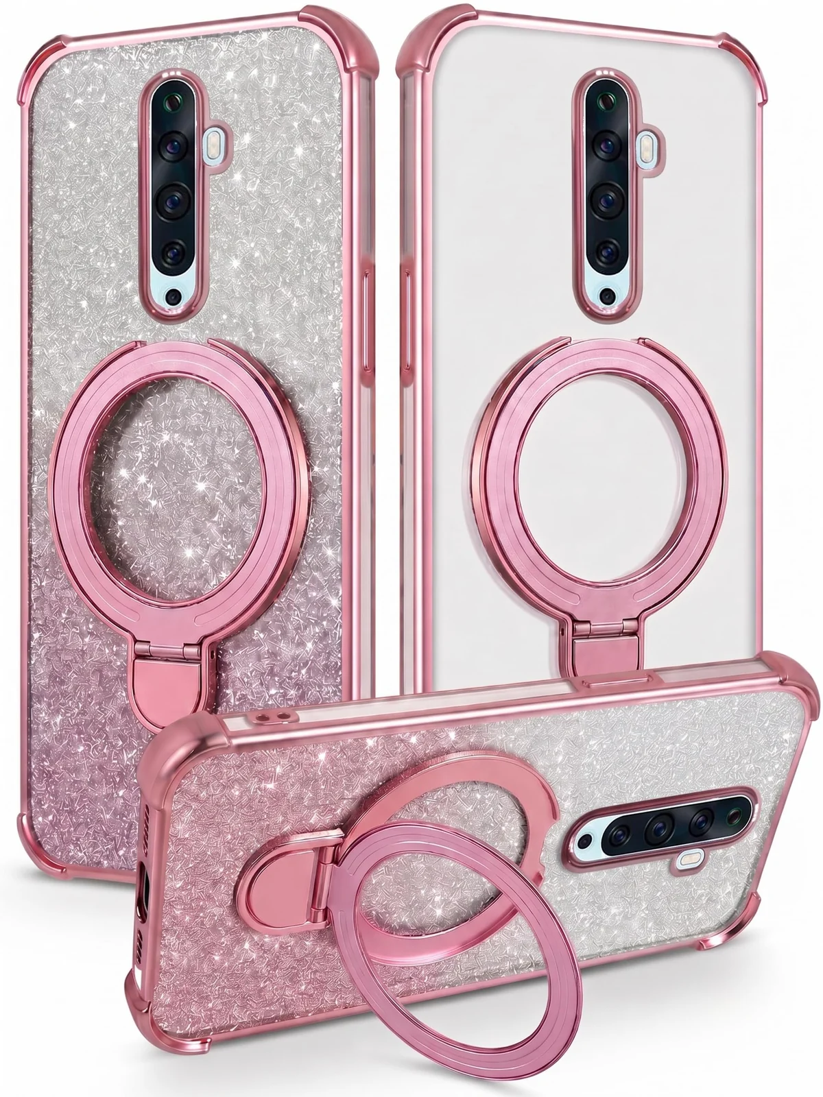 Mobigon Glitter Phone Case Compatible with OPPO Reno 2F / Reno 2Z, Magnetic Ring Stand Shockproof Cover, Clear Soft TPU Bumper with Full Camera Protection - Pink