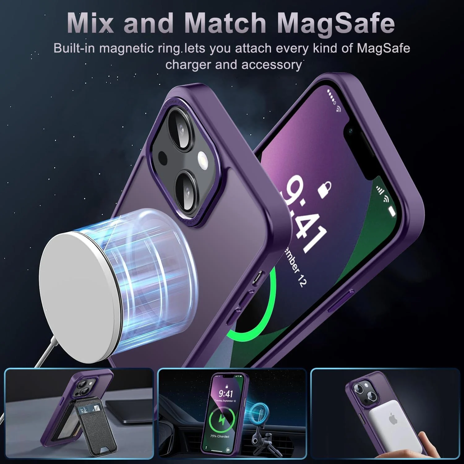 DL3 Mobilak Translucent Matte Case for iPhone 13 / iPhone 14 6.1-Inch, Compatible with MagSafe accessories, Supports wireless charging, Built-in magnetic car-mount support - Purple