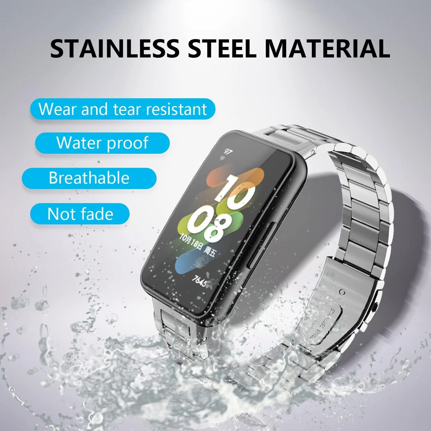DL3 Mobilak Strap for Huawei Band 7/ Honor Band 7 Stainless Steel Replacement Metal Straps Bracelet Compatible with Huawei Watch Band 7 Standard and Huawei Band 7 NFC Edition Bracelets - Silver