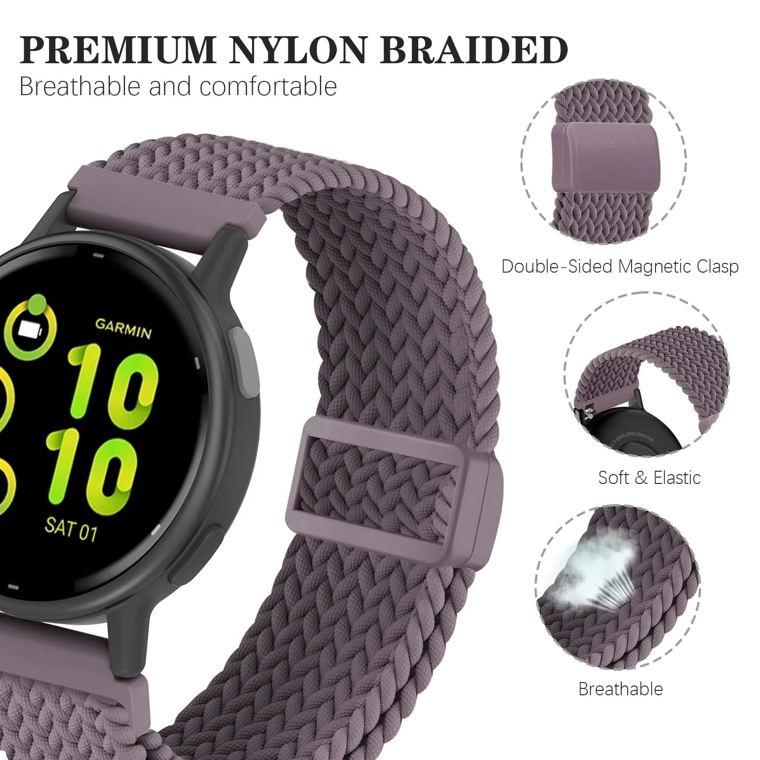 DL3 Mobilak Magnetic Braided Nylon Band Compatible with Xiaomi Redmi Watch 5 Active/Xiaomi Redmi Watch 5 Lite, 22mm Elastic Loop Stretchy Wristband Strap Replacement for Redmi Watch 5 Active/Redmi Watch 5 Lite - Smoke Violet
