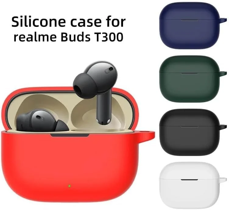 DL3 Mobilak Silicone Case Compatible with realme Buds T300 TWS Earbuds, Soft Silicone Protective Case Cover, Shockproof Sleeve with Carabiner For realme Buds T300 TWS - Green