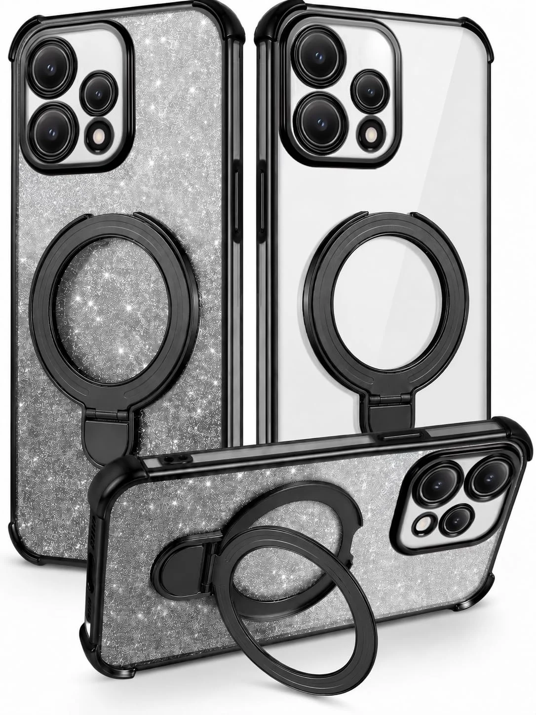 Mobigon Glitter Phone Case Compatible with OPPO Reno 15 5G (OPPO Reno15), Magnetic Ring Stand Shockproof Cover, Clear Soft TPU Bumper with Full Camera Protection - Black