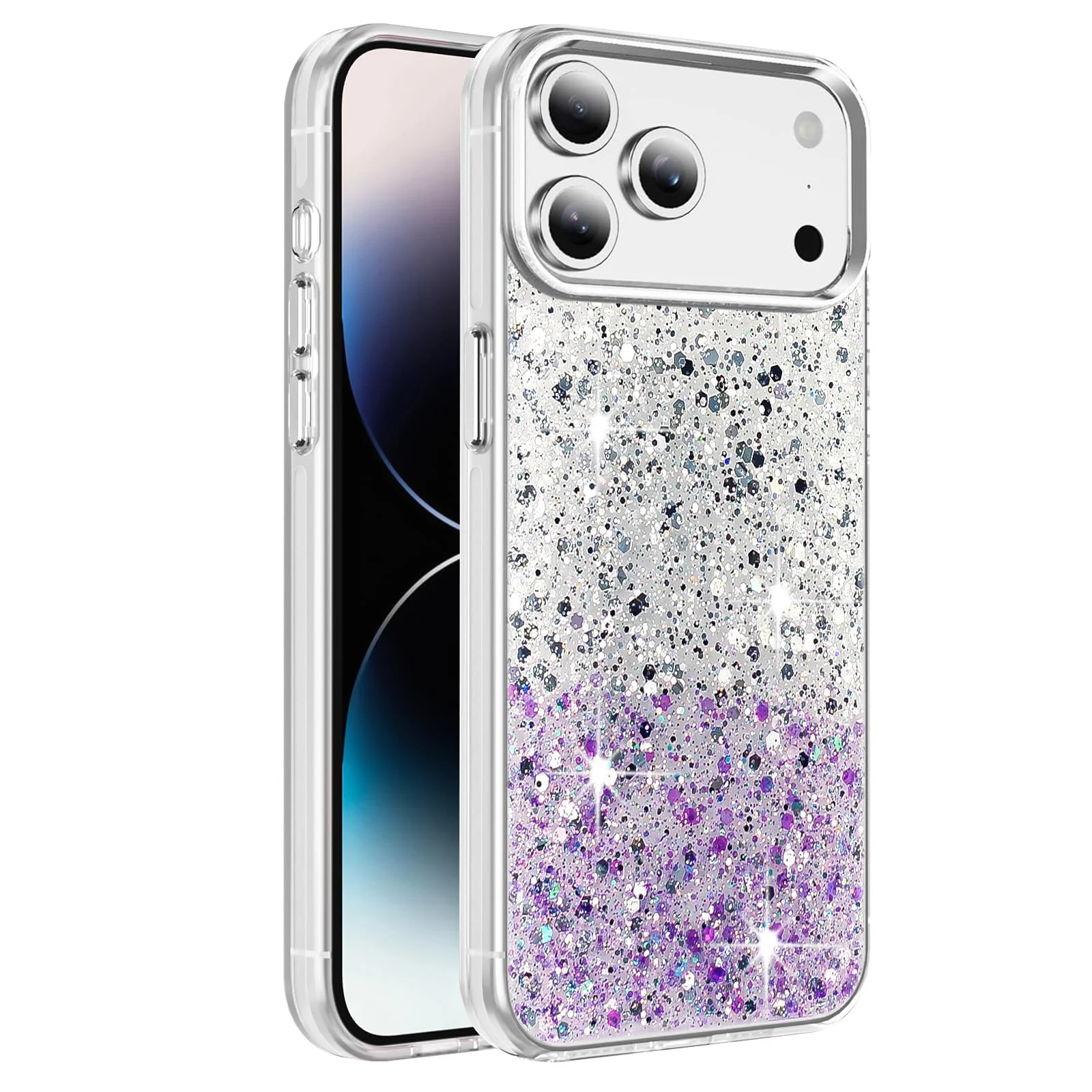 DL3 Mobilak Glitter Rhinestone Protective Case for iPhone 17 Pro 6.3-Inch with Shockproof Design - White Purple