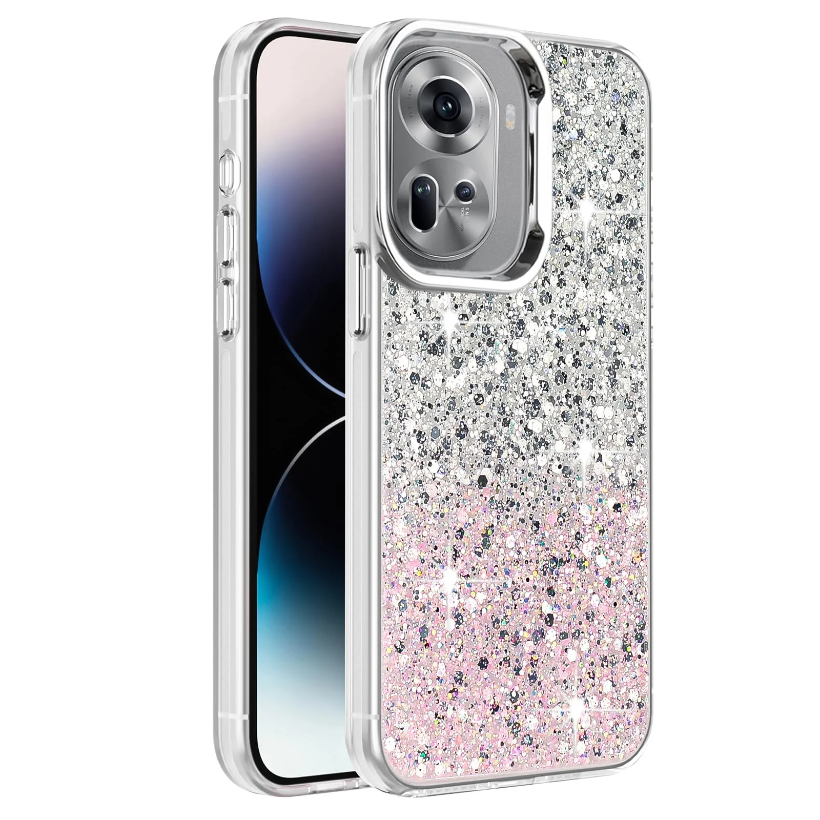 DL3 Mobilak Glitter Protective Case for OPPO Reno11 5G / Reno 11 Pro 5G, Supports wireless charging, Camera protection, Shock-absorbing protection - White Pink