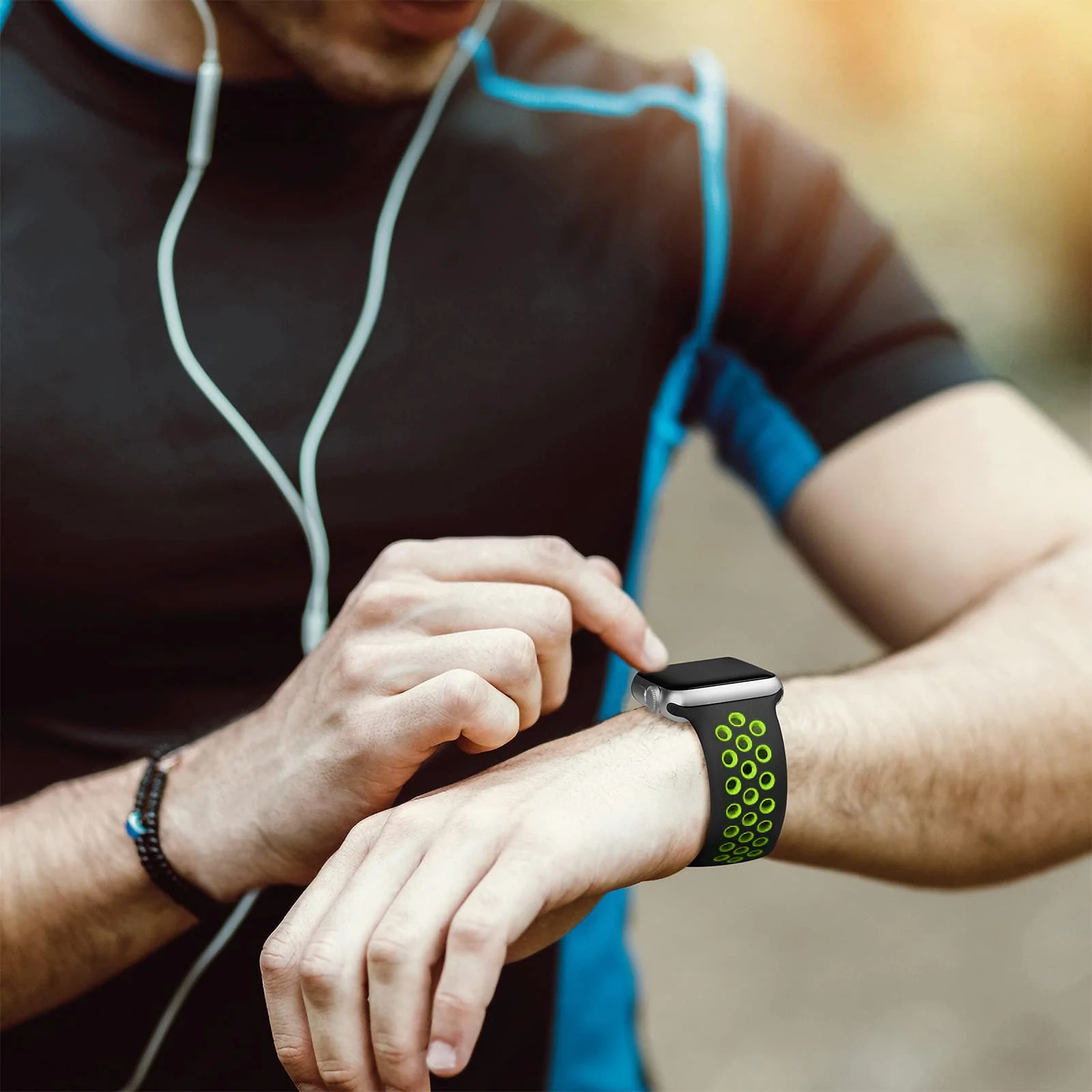 DL3 Mobilak Sport Strap For Apple Watch 49mm 45mm 44mm 42mm 41mm 40mm 38mm, Breathable Silicone Double Hole Band, for iWatch Ultra 2 Series 9 8 7 6 5 4 3 SE (&, 38mm/40mm/41mm) - Black & Green