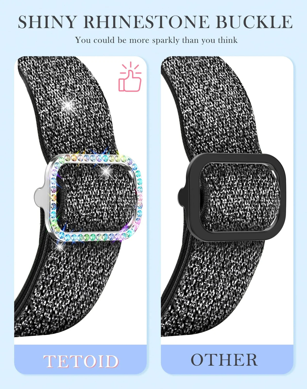DL3 Mobilak Stretchy Bling Band For Apple Watch 49mm 46mm 45mm 44mm 42mm Women, Nylon Sparkly Strap Solo Loop Glitter Wristband for iWatch Series 11 10 9 8 7 6 5 4 SE3 SE2 SE Ultra 3 2 1 - Black Silver