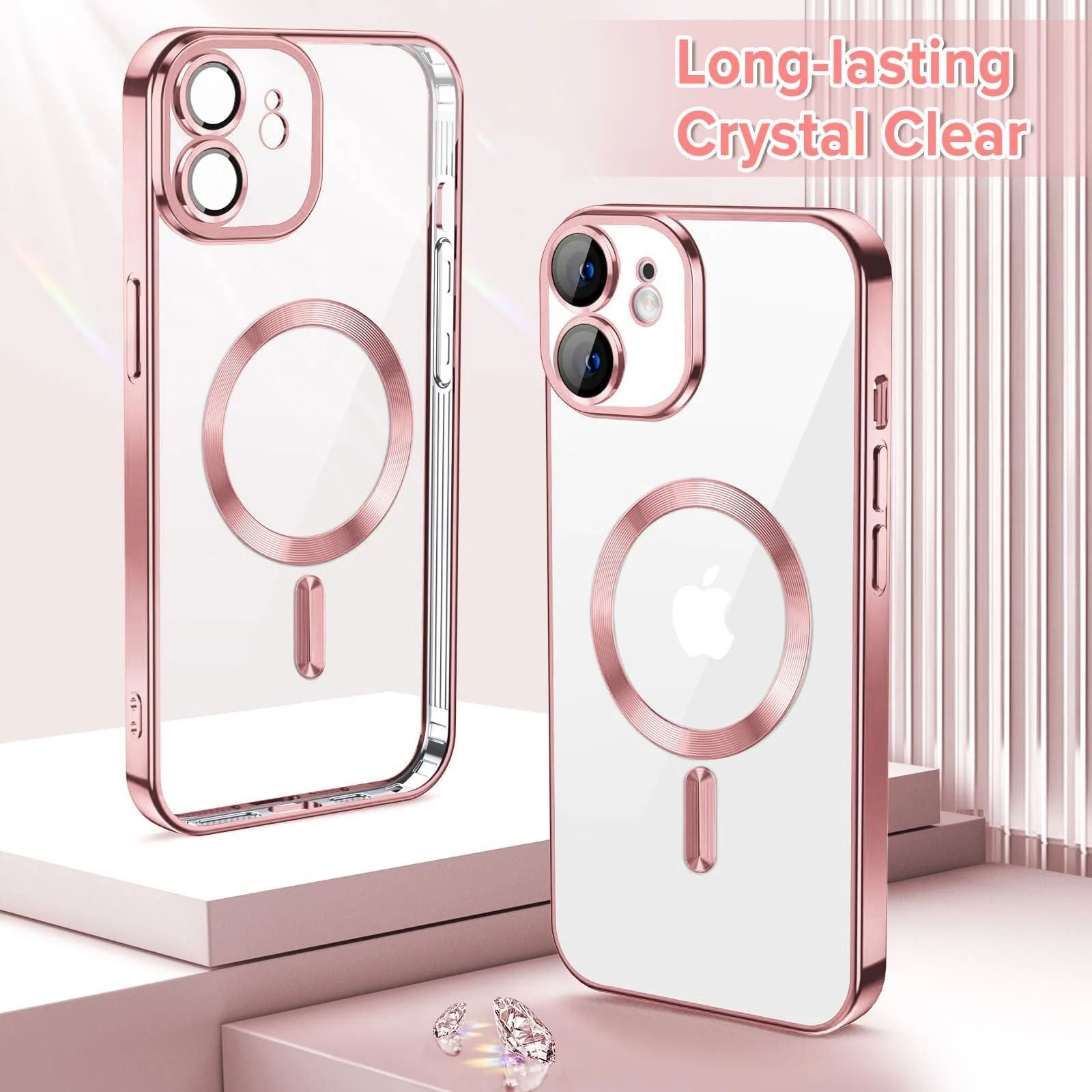 DL3 Mobilak Plated-Edge Protective Case for iPhone 12, Compatible with MagSafe accessories, Built-in magnetic car-mount support, Camera protection - Rose Gold
