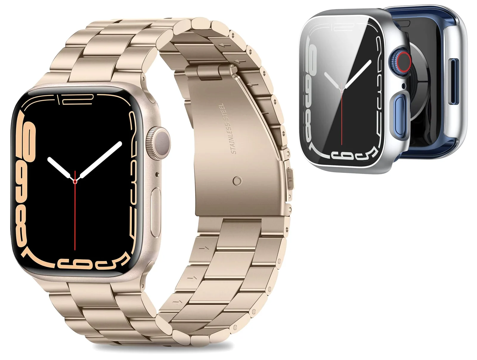 DL3 Mobilak Stainless Steel Band with Case Compatible with Apple Watch Band 45mm Series 9/8/7, Men Woman Business Strap with Protective Bumper Cover for iWatch Series 7/8/9 45mm - StarLight