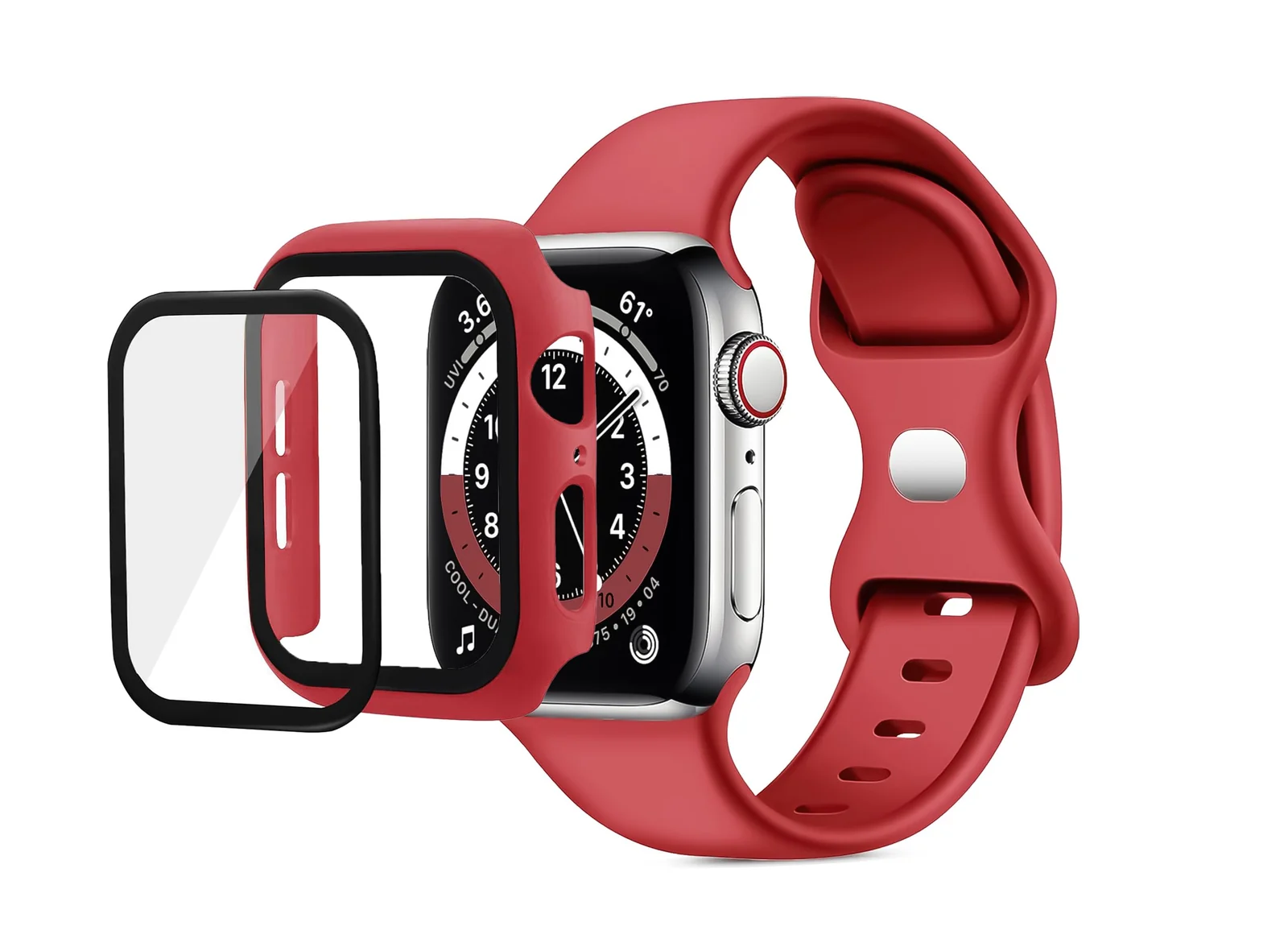 DL3 Mobilak Band with Case Compatible with Apple Watch 45mm, Adjustable Silicone Sport Wristband Replacement, Strap With Cover Built-in Glass Screen Protector for iWatch Series 9 8 7 - Red