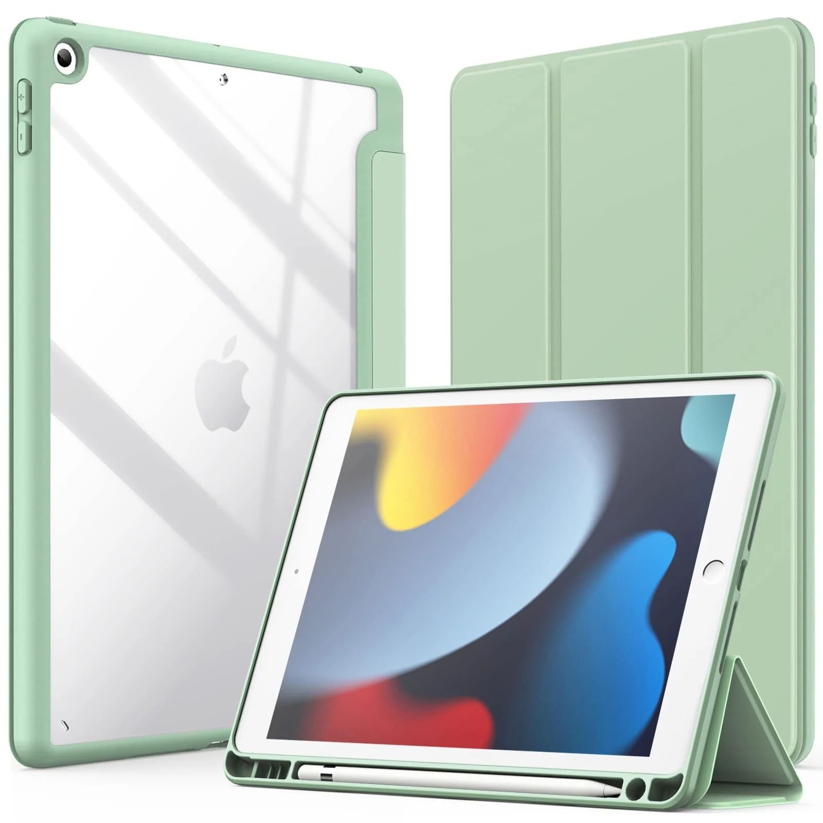 DL3 Mobilak Case for iPad 10.2-Inch (9th/8th/7th Generation, 2021/2020/2019), Clear Shockproof Back Cover Built-in Pencil Holder, Auto Sleep/Wake - Mint Green