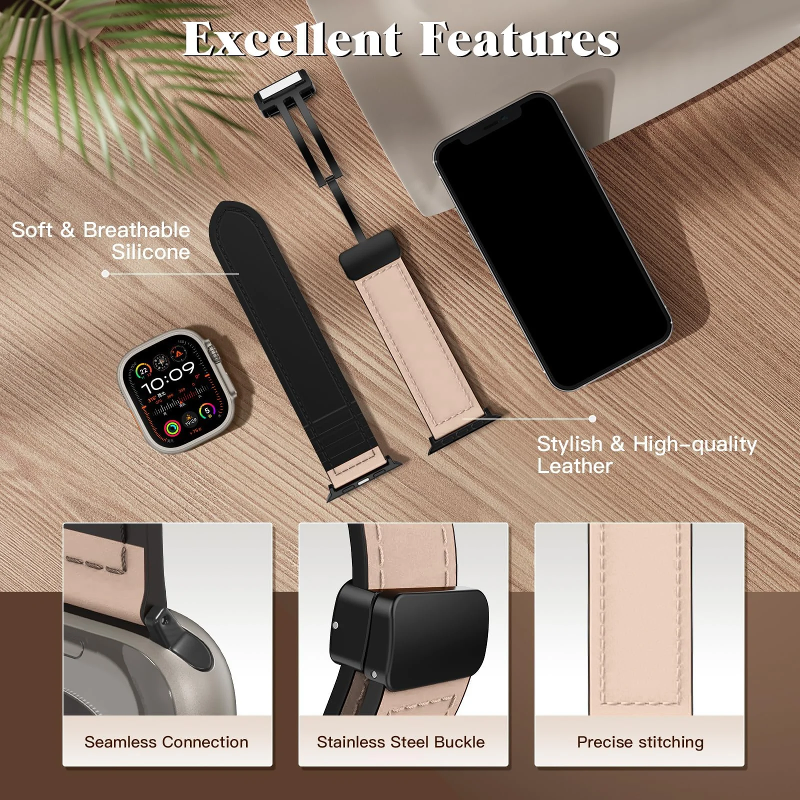 DL3 Mobilak Leather Bands Compatible with Apple Watch Band 49mm 45mm 44mm 42mm, Leather Magnetic Buckle Design Strap For iWatch Ultra Ultra 2 SE Series 9 8 7 6 5 4 3 2 1 Wristband For Men Women - Black