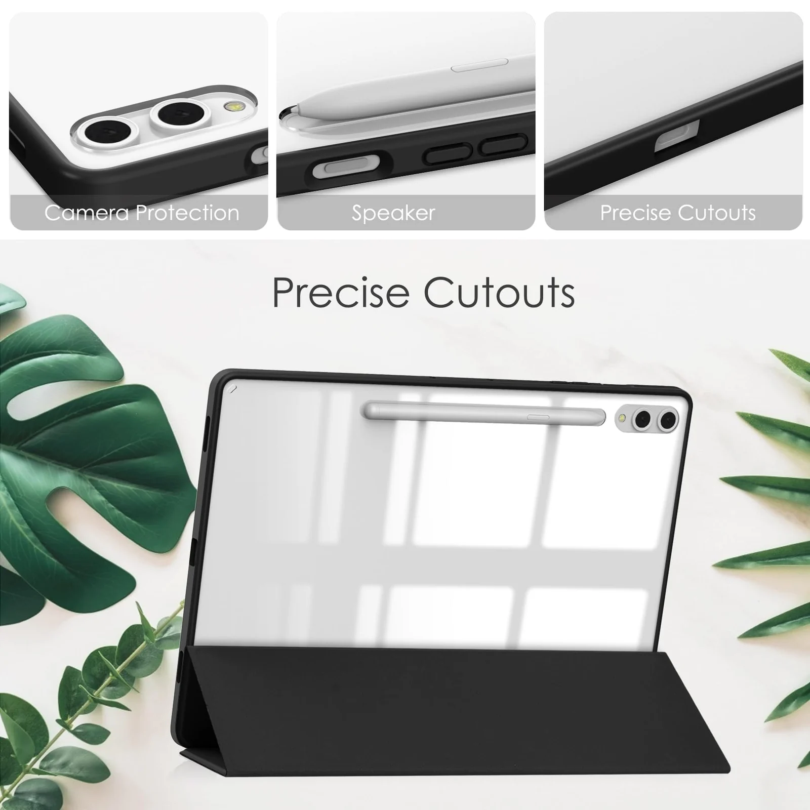 DL3 Mobilak Case for Samsung Galaxy Tab S10 Plus/Tab S9 Plus 12.4-Inch with S Pen Holder, Clear Transparent PC Back, Shockproof Tri-Fold Stand Tablet Cover, Auto Wake/Sleep - Black