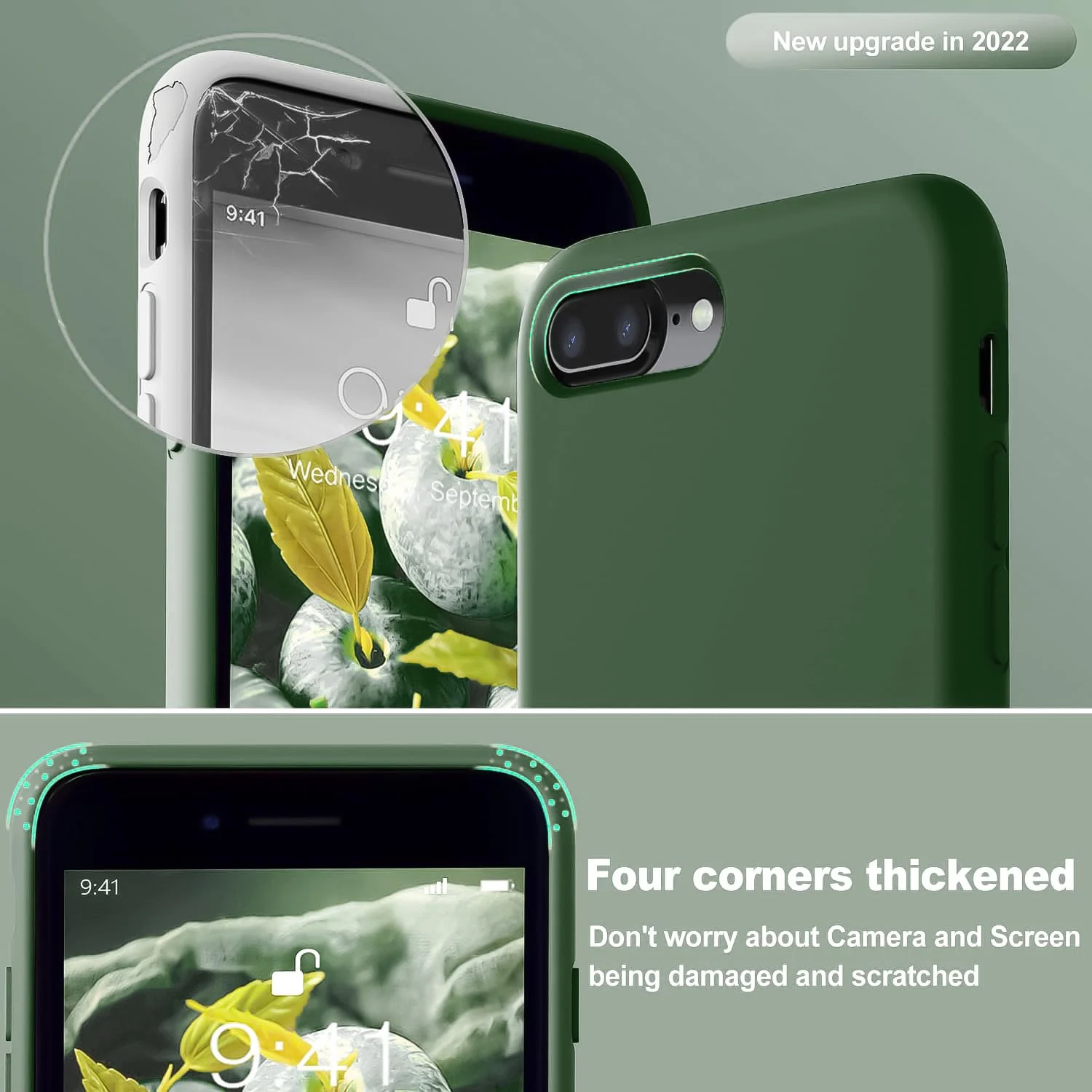 DL3 Mobilak Liquid Silicone Protective Case for iPhone 7 Plus / iPhone 8 Plus with Camera Protection and Microfiber Lining - A Green