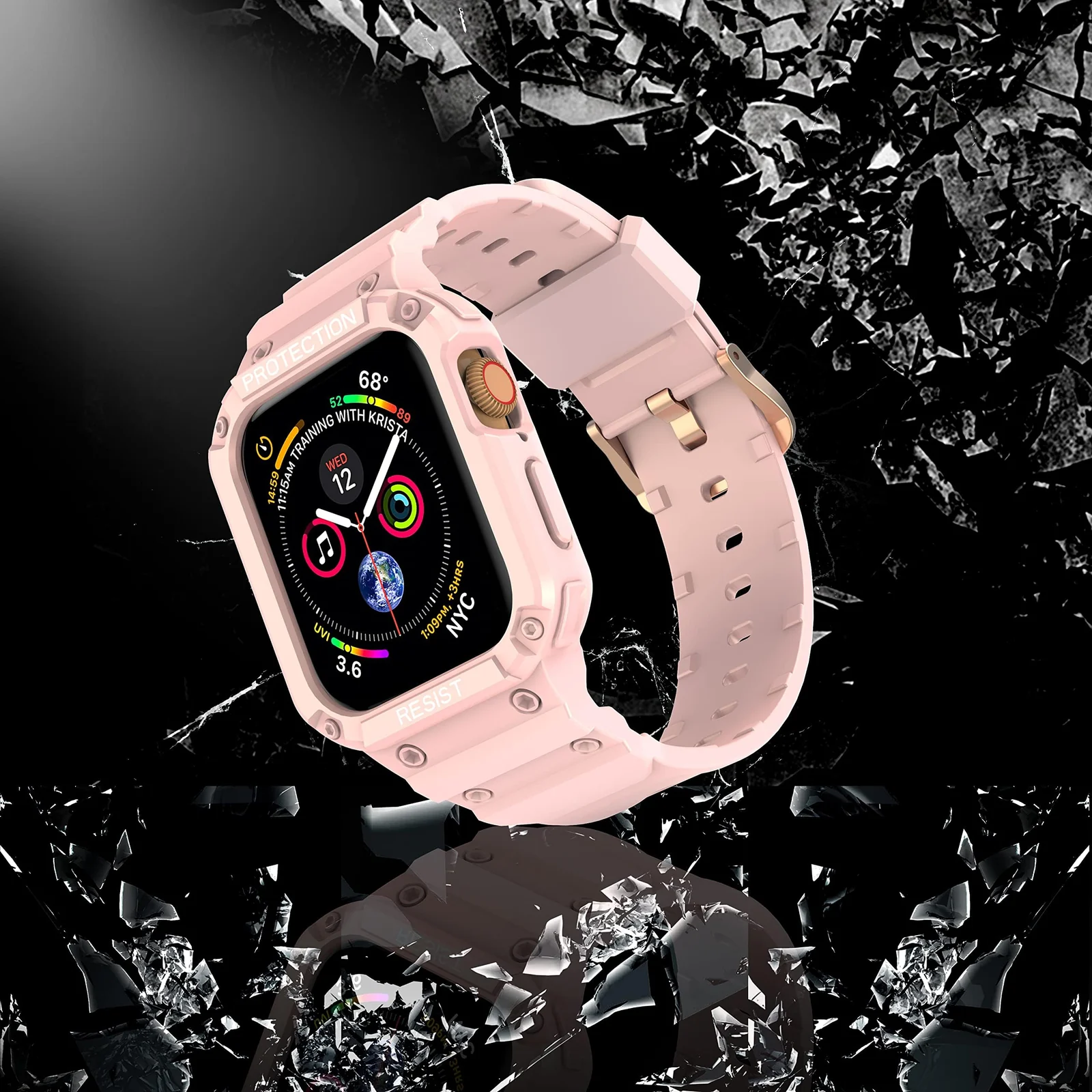 DL3 Mobilak Compatible With Apple Watch Band 45mm 44mm 42mm with Bumper Case, Rugged Men Bands for iWatch SE SE 2 Series 9 8 7 6 5 4 3 2 1, Sport Military Protector Drop-proof Shockproof - Pink