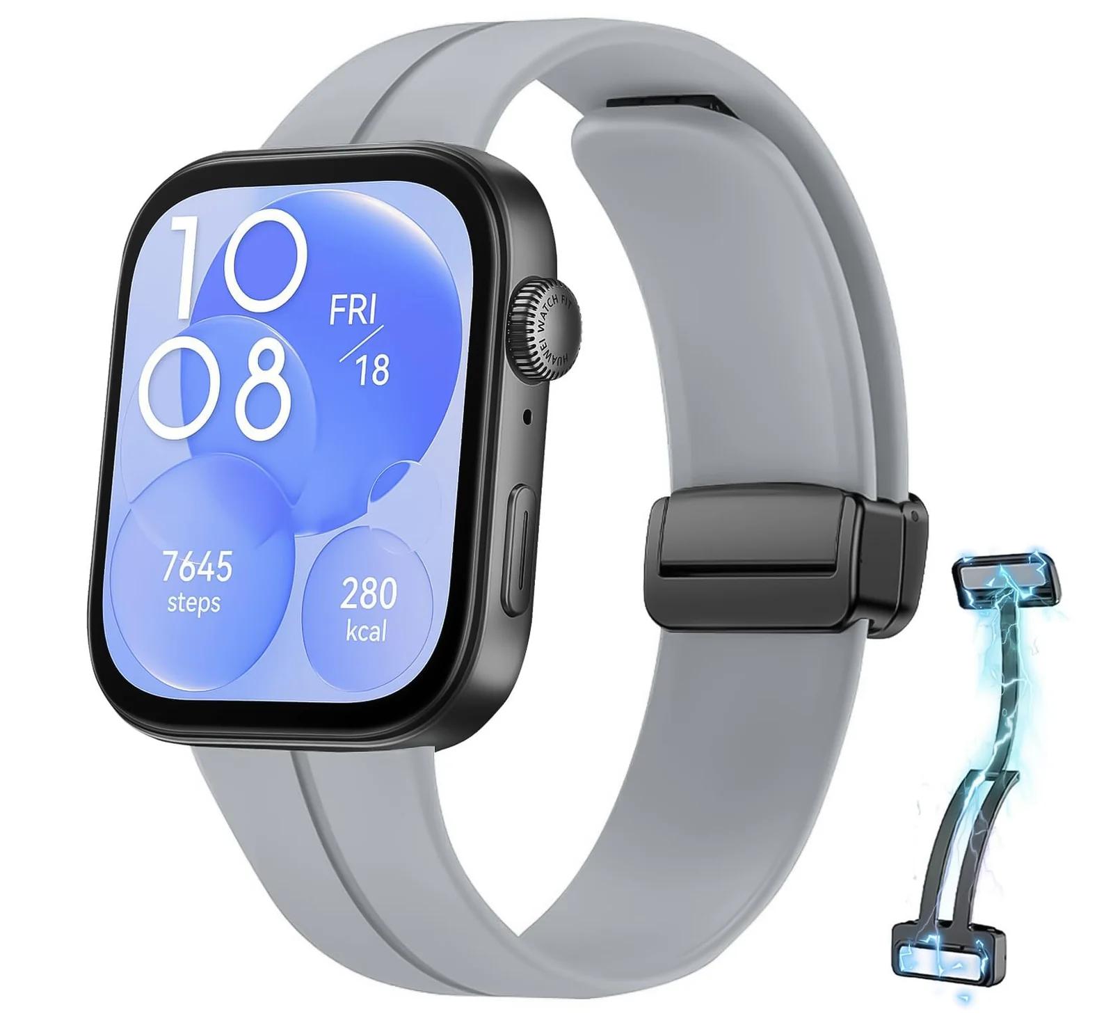 DL3 Mobilak Silicone Strap Compatible with Huawei Watch Fit 3/Watch Fit 4 Pro/Fit 4 Magnetic Metal Stainless Buckle Sport Silicone Strap, Band Quick Release Soft Replacment Wristband - Gray