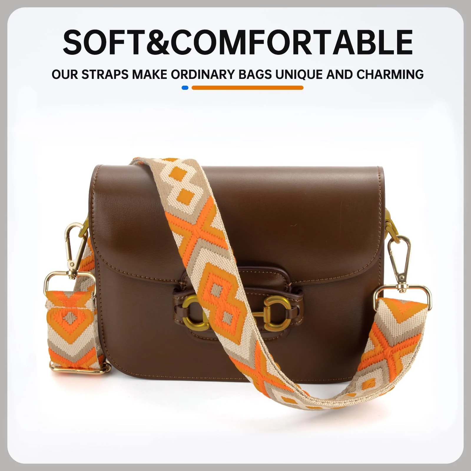DL3 Mobilak Adjustable Wide Crossbody Bag Strap for Women, Replacement Shoulder Strap for Handbags, Totes & Purses with Elegant Embroidered Pattern and Metal Hooks - Orange Diamond