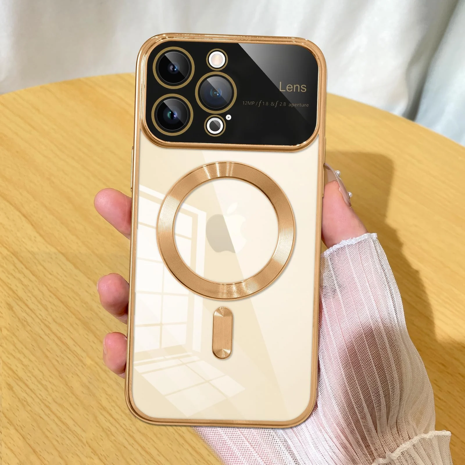 DL3 Mobilak Clear MagSafe-Compatible Magnetic Case for iPhone 14 Pro Max 6.7 Inch with Camera Protection and Shockproof Design - Gold