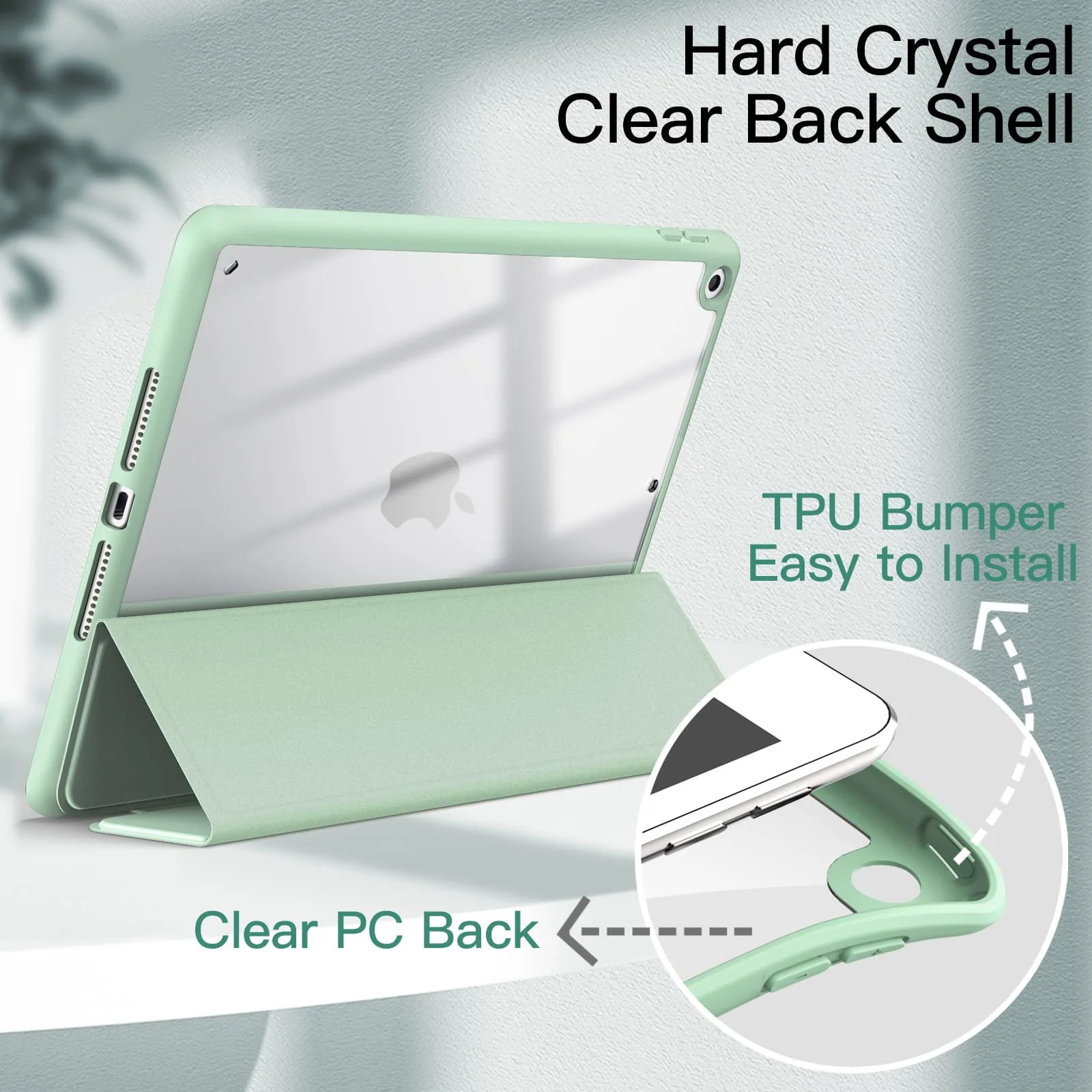 DL3 Mobilak Case for iPad 10.2-Inch (9th/8th/7th Generation, 2021/2020/2019), Clear Shockproof Back Cover Built-in Pencil Holder, Auto Sleep/Wake - Mint Green