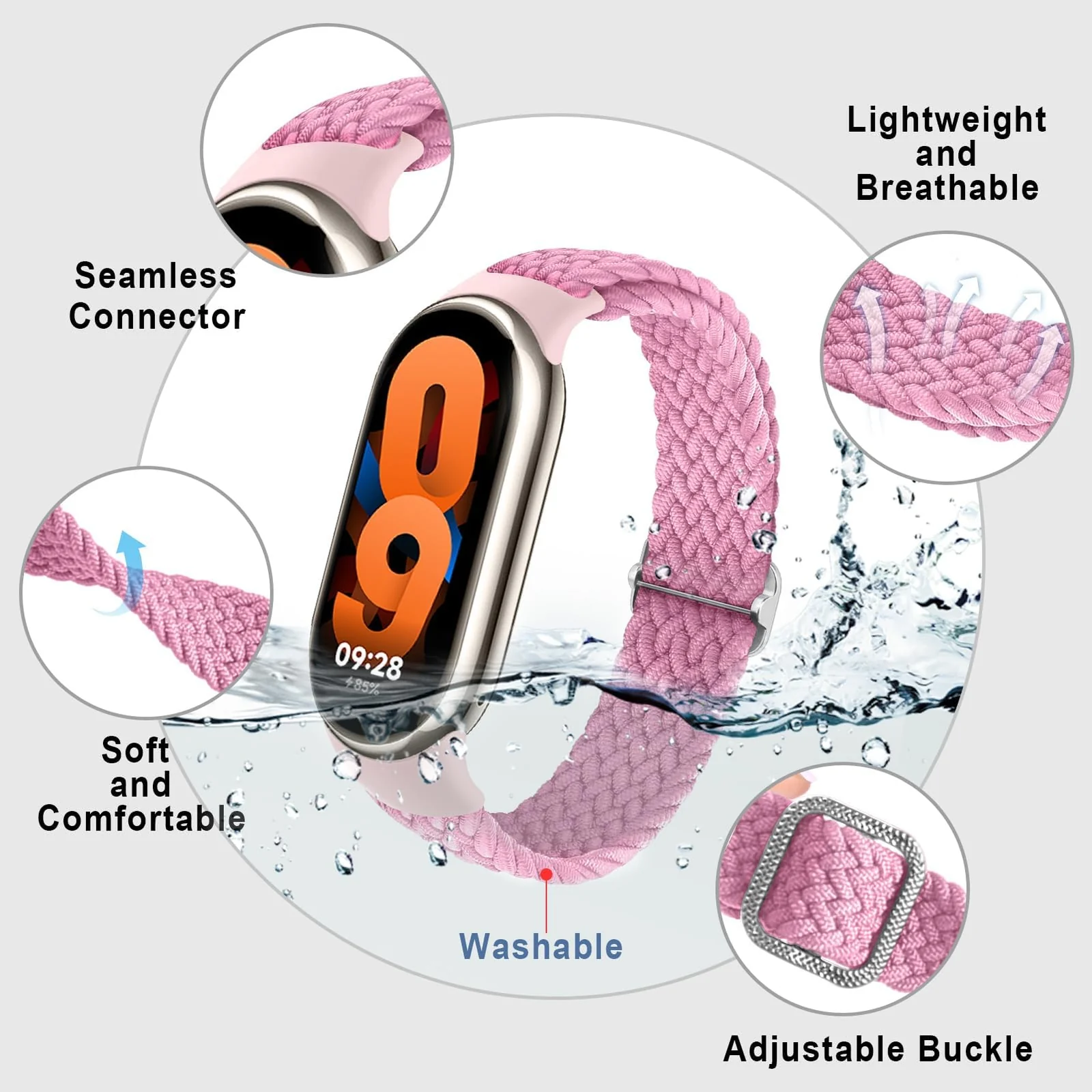 DL3 Mobilak Compatible with Xiaomi Mi Band 10/9/8 strap, Braided Solo Loop for Nylon Elastic Adjustable Replacement Wristband Compatible with Xiaomi Smart Band 8/9/10 - Pink