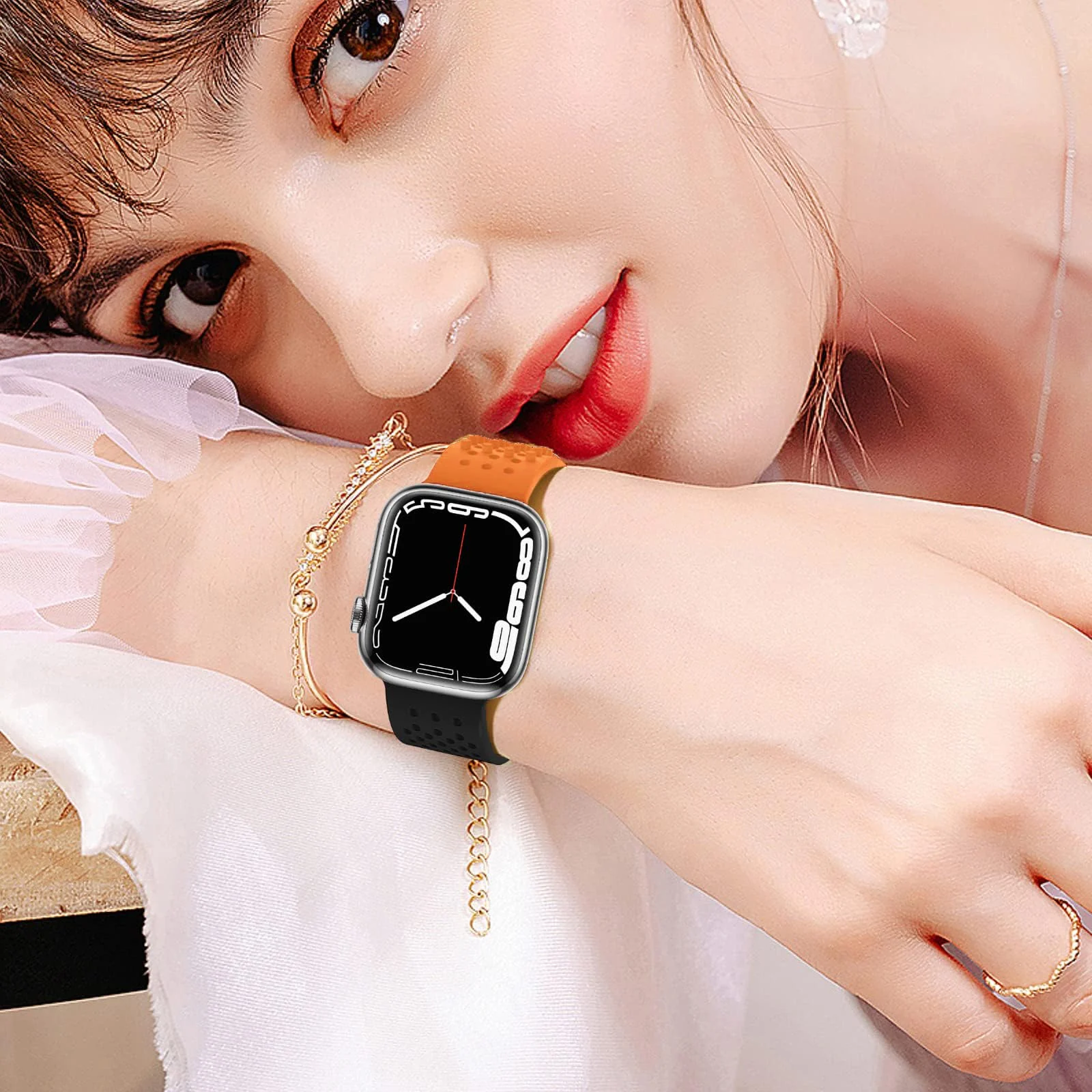 DL3 Mobilak Soft Silicone Band For Apple Watch Ultra Bands 49mm 45mm 44mm 42mm, Sport Replacement Wristband No Clasps for iWatch Series 8 ultra 7 6 5 4 SE 3 2 Women Men, Waterproof Strap - Orange Black