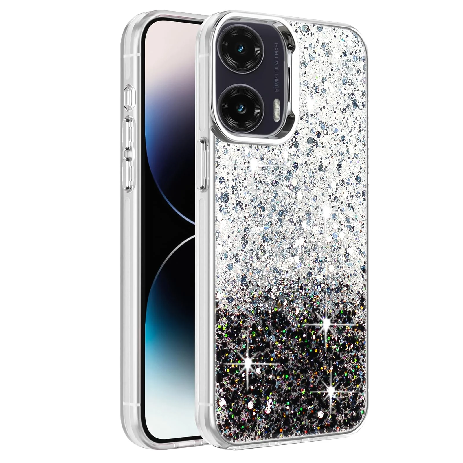 DL3 Mobilak Glitter Protective Case for Motorola Moto G35 5G, Supports wireless charging, Camera protection, Shock-absorbing protection - White Black