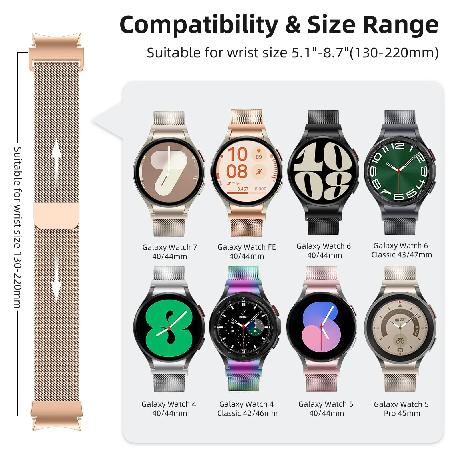 DL3 MOBILAK Milanese Magnetic Stainless-Steel Watch Strap for Samsung Galaxy Watch 4 and 4 Classic and 5 and 5 Pro and 6 and 6 Classic - Rose Gold