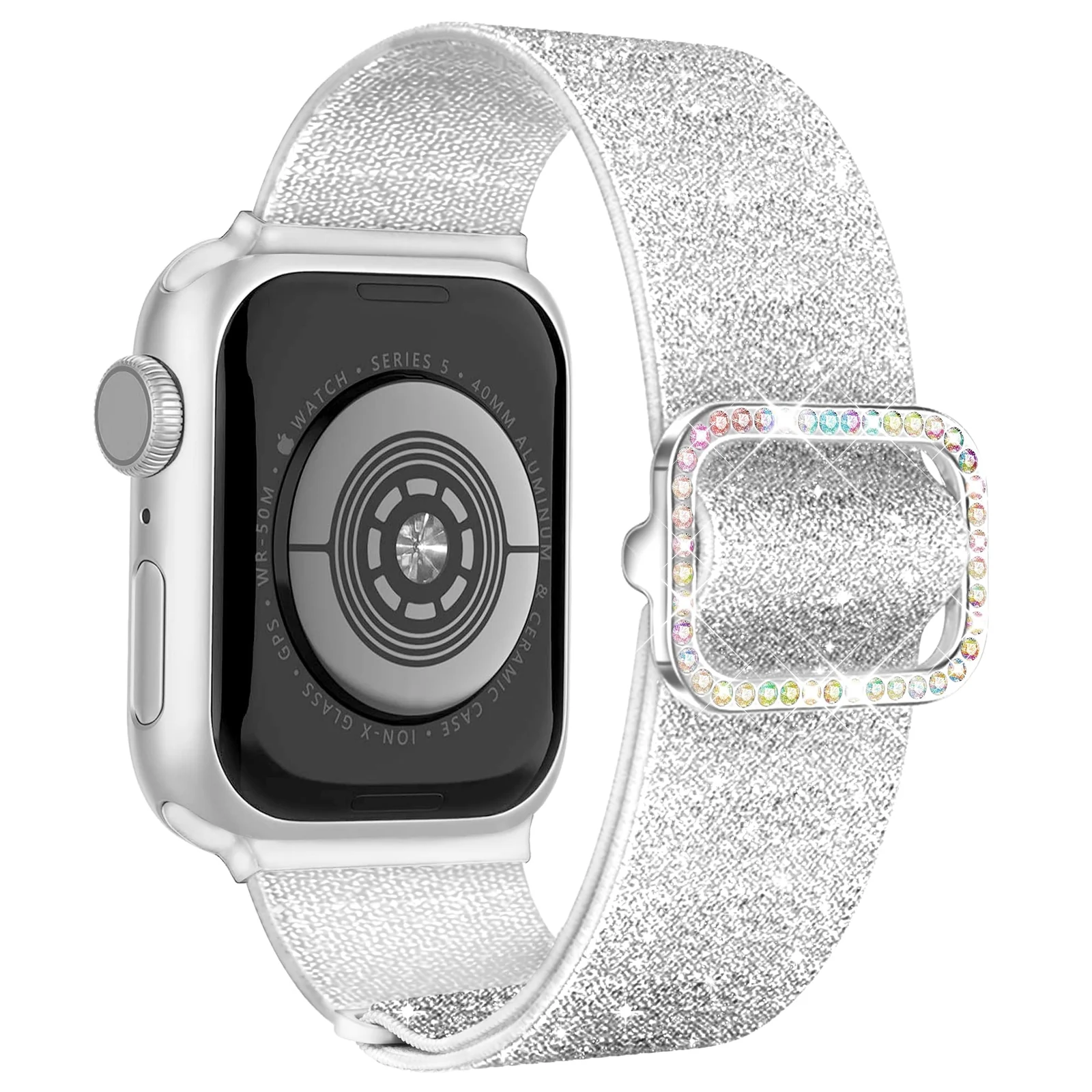 DL3 Mobilak Stretchy Bling Band For Apple Watch 49mm 46mm 45mm 44mm 42mm Women, Nylon Sparkly Strap Solo Loop Glitter Wristband for iWatch Series 10 9 8 7 6 5 4 3 2 1 SE Ultra - Silver