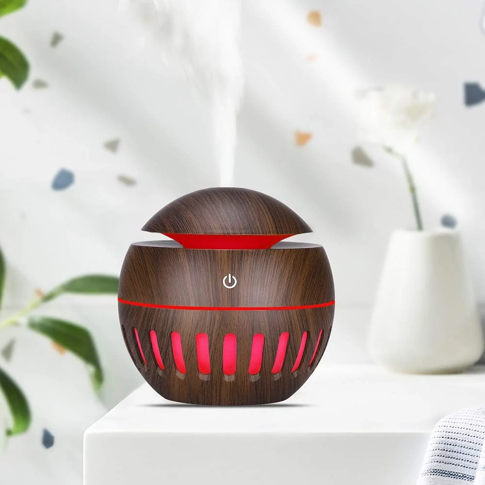 Mobigon Wood Cool Mist Ultrasonic Humidifier for Room Moisture, Aroma Diffuser for Home, 200ml Essential Oil Diffuser with 7 Colorful Night Light, Auto Shut-Off, Home, Office, car - B.Dark Brown