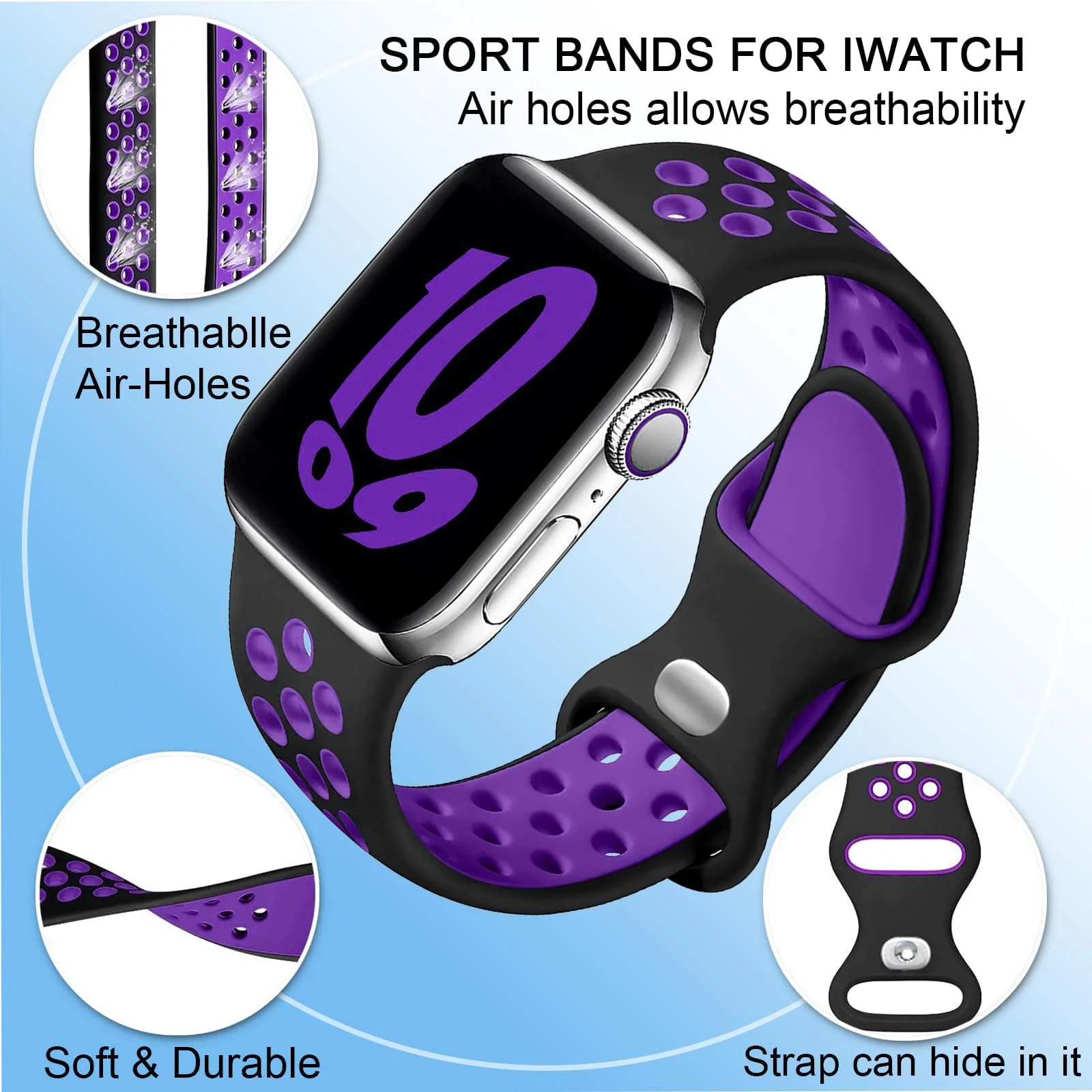 DL3 Mobilak Sport Strap For Apple Watch 49mm 45mm 44mm 42mm 41mm 40mm 38mm, Breathable Silicone Double Hole Band, for iWatch Ultra 2 Series 9 8 7 6 5 4 3 SE ( & Violet, 38mm/40mm/41mm) - Black & Violet