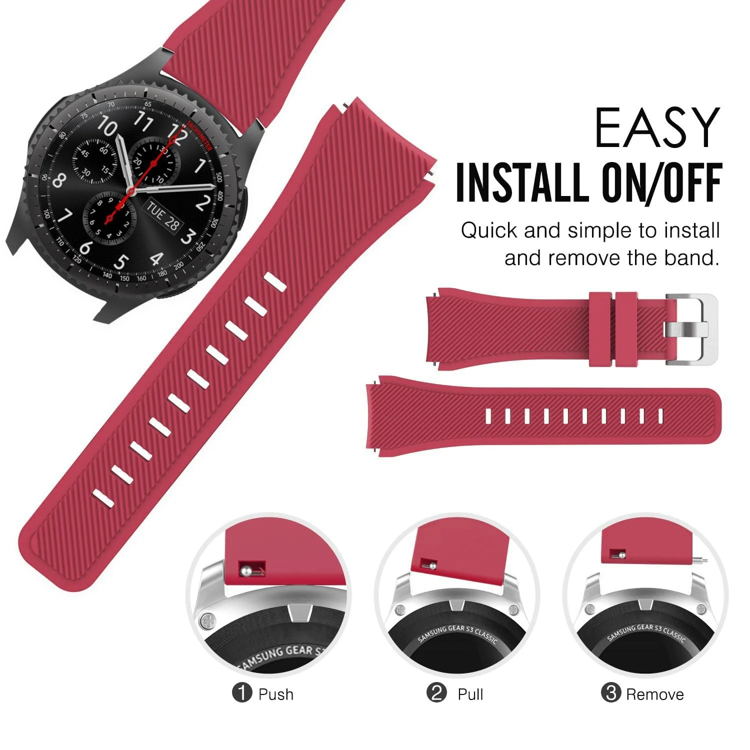 DL3 Mobilak Sport Silicone Band 20MM Strap For Samsung Gear Sport/Watch 6/5/4/5 Pro 45mm/S2 classic/active 2 40mm 44mm/Amazfit GTS/2/2e/GTS3/3 Pro/2 Mini/3 Mini/Bip 3/Bip 3 Pro - Rose Red