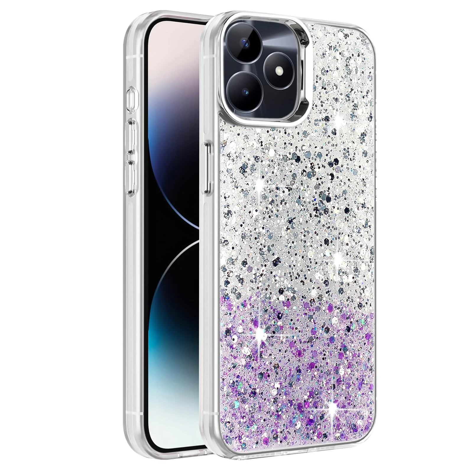 DL3 Mobilak Glitter Protective Case for realme C53 / realme C51 / realme Note 50, Supports wireless charging, Camera protection, Shock-absorbing protection - White Purple