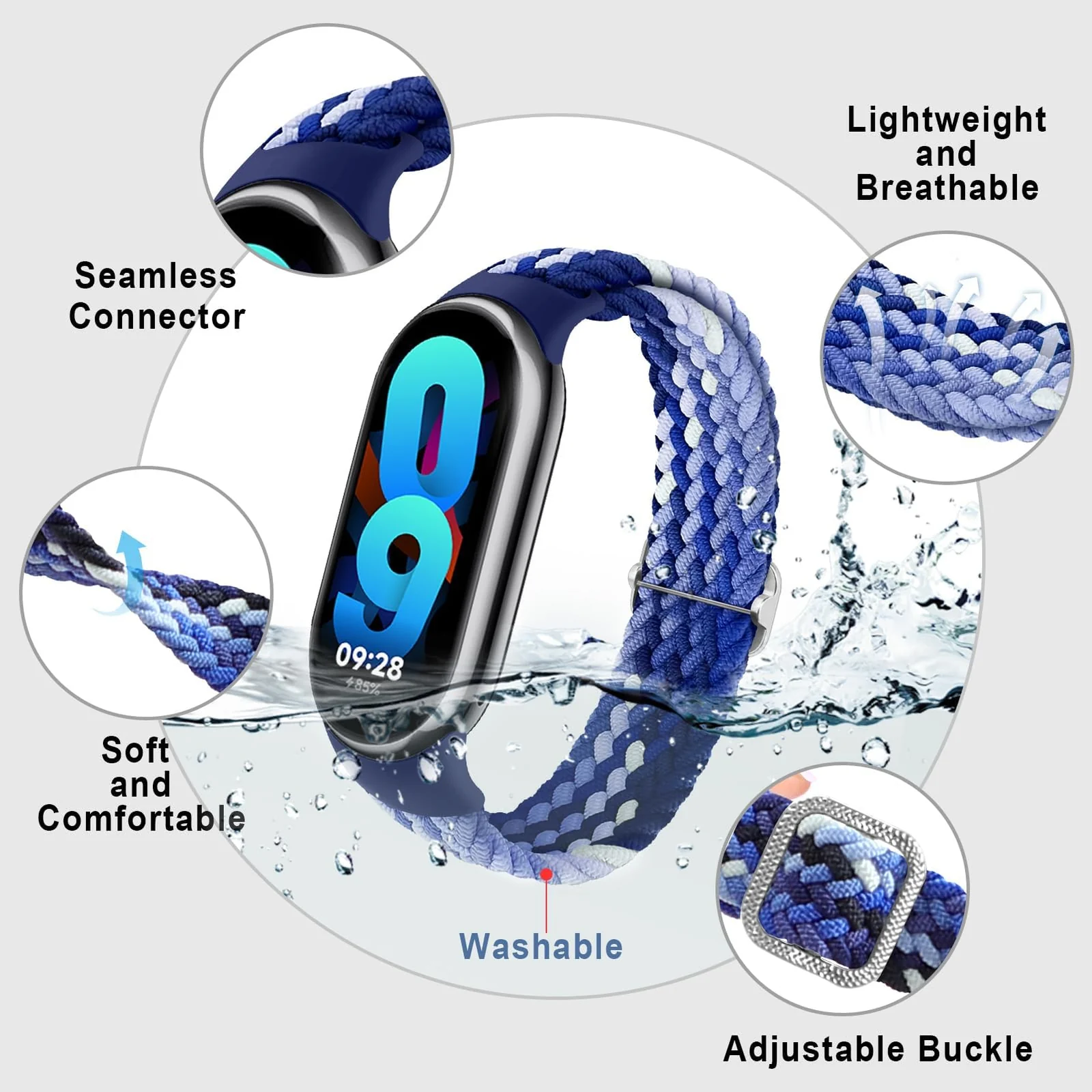 DL3 Mobilak Compatible with Xiaomi Mi Band 10/9/8 strap, Braided Solo Loop for Nylon Elastic Adjustable Replacement Wristband Compatible with Xiaomi Smart Band 8/9/10 - Colorful Blue