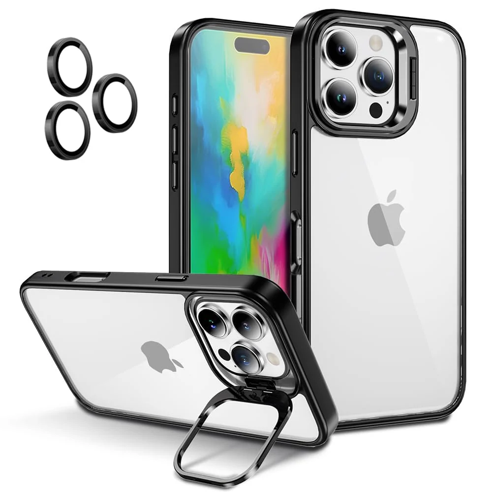DL3 Mobilak Clear PC and TPU Case with Camera Ring Kickstand and Lens Protector for iPhone 16 Pro - Black
