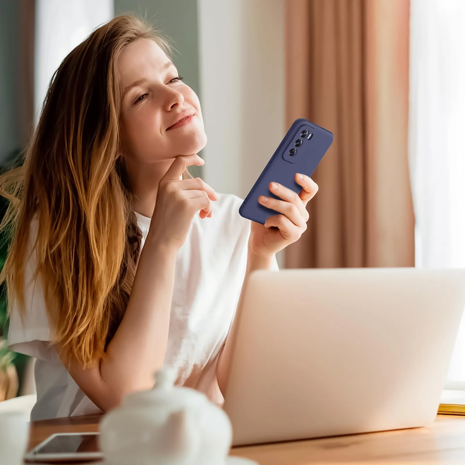 DL3 Mobilak Liquid Silicone Protective Case for OPPO Reno 12 5G with Camera Protection and Microfiber Lining - Dark Blue