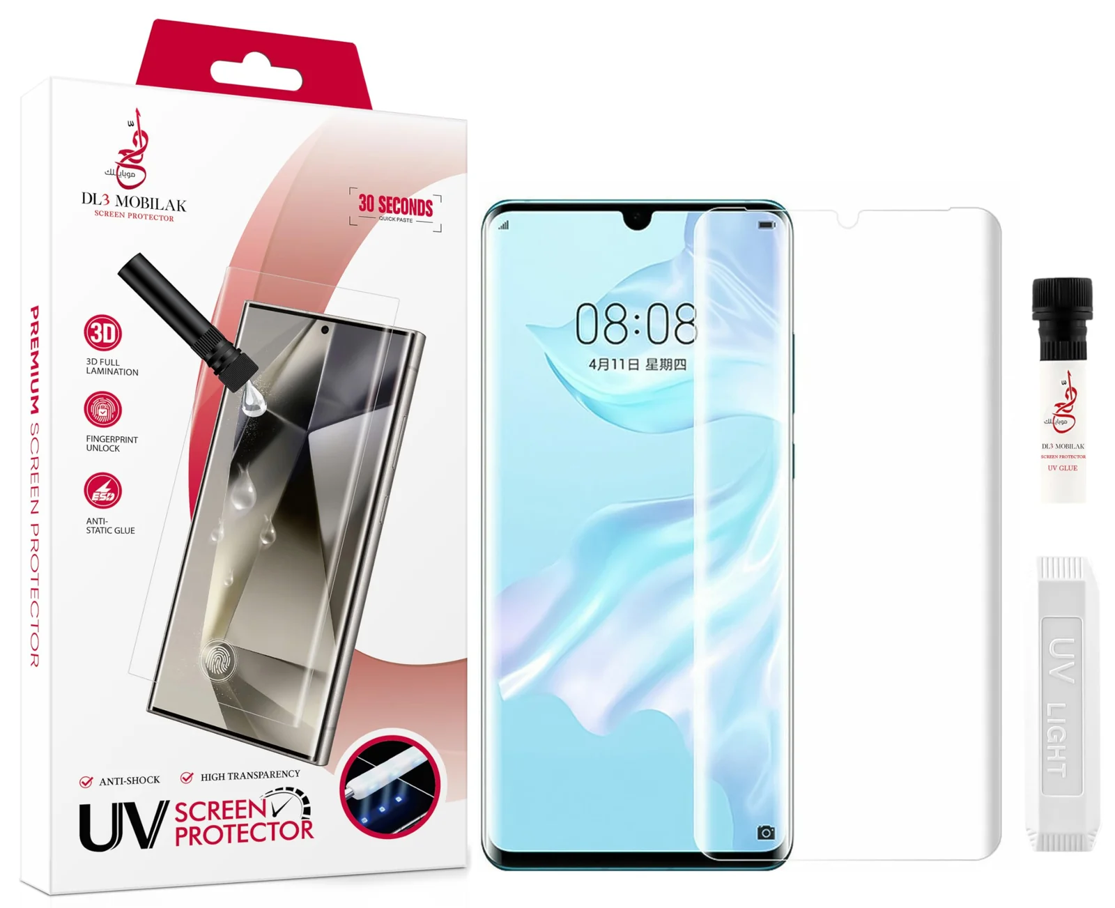 DL3 Mobilak Screen Protector Huawei P30 pro [Liquid UV Tempered Glass] Full Screen adhesive [Sensitive Touch][Fingerprint Sensor Compatible] HD - Clear