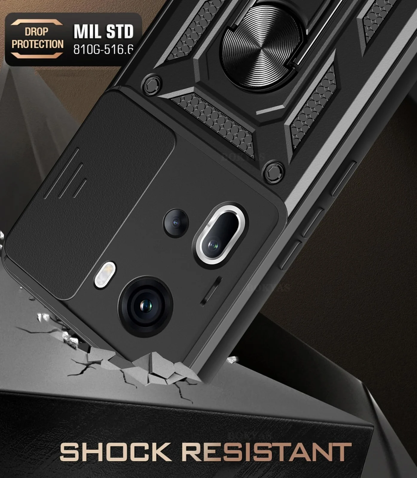 DL3 Mobilak Silicone Protective Case for OPPO Reno 11 5G with Slide Camera, Built-in magnetic car-mount support, Shock-absorbing protection, Built-in kickstand - Black