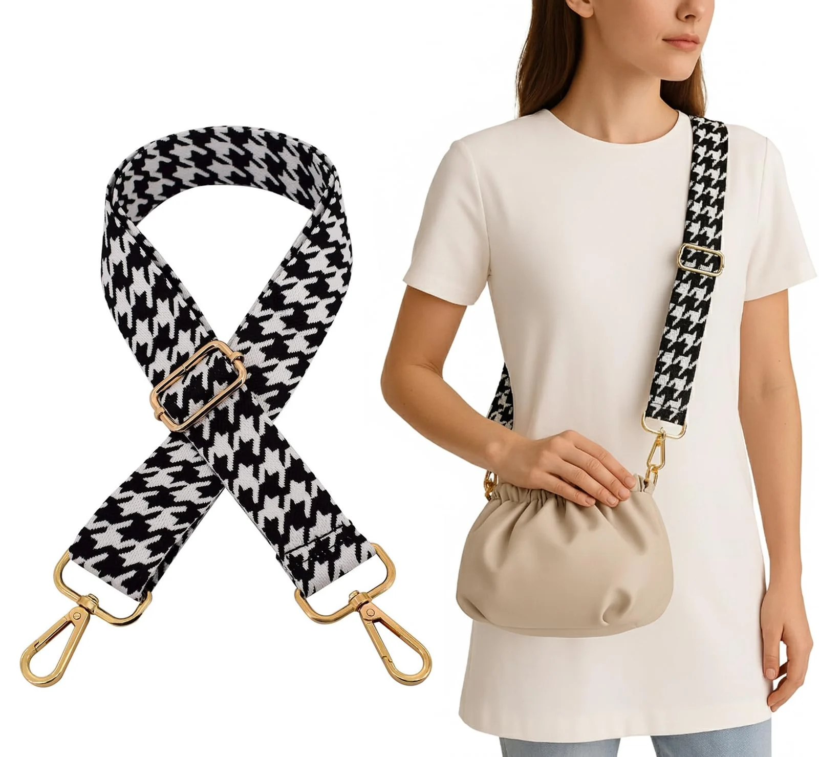 DL3 Mobilak Adjustable Wide Crossbody Bag Strap for Women, Replacement Shoulder Strap for Handbags, Totes & Purses with Elegant Embroidered Pattern and Metal Hooks - Black Houndstooth