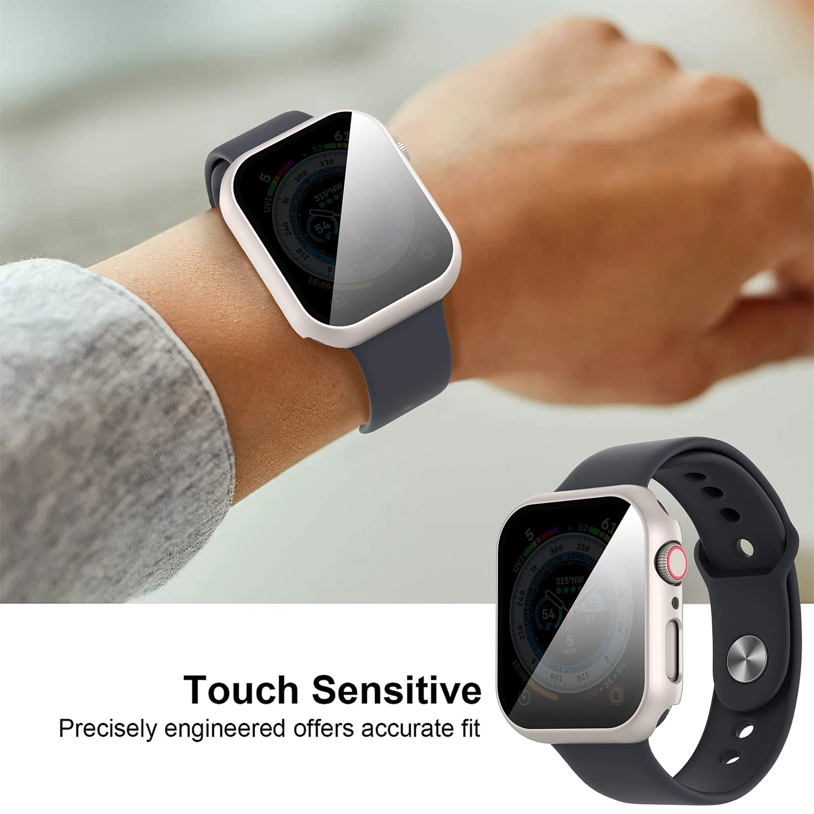 DL3 Mobilak Privacy Case for Apple Watch Series 9/8/7 45mm Screen Protector, Anti-Spy Tempered Glass Film Apple Watch Cover Hard PC Case Bumper for iWatch 45 mm Series 9 8 7 - Starlight