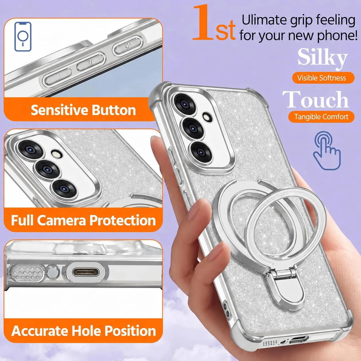 MOBIGON Glitter Phone Case with Magnetic Ring Stand for Samsung Galaxy A26, Silver