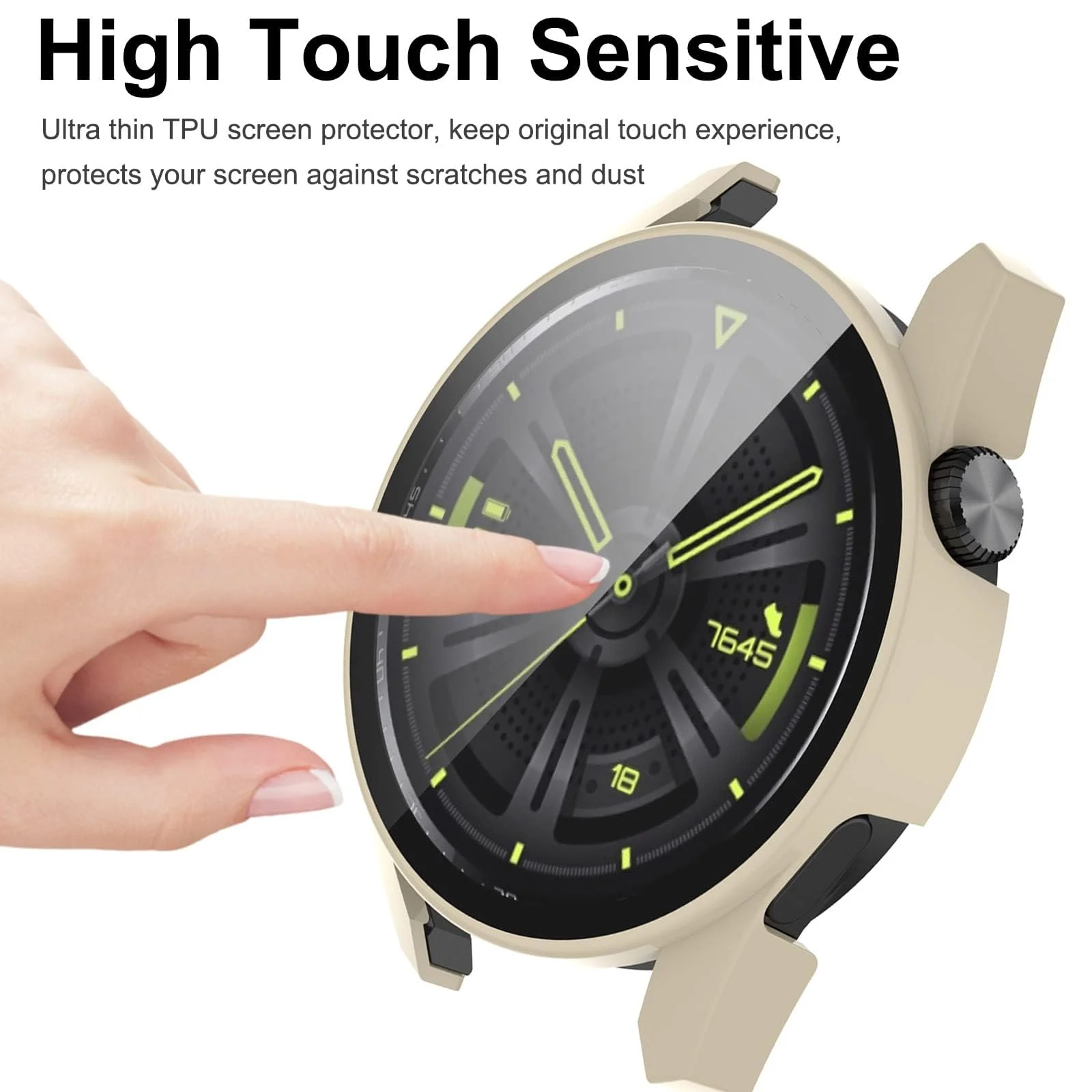 DL3 Mobilak Protective Case Compatible with Huawei Watch GT3 46mm 9H Hardness PC Case Bumper Full Slim Protective Cover with Tempered Glass For Huawei Watch GT 3 46mm - Ivory White