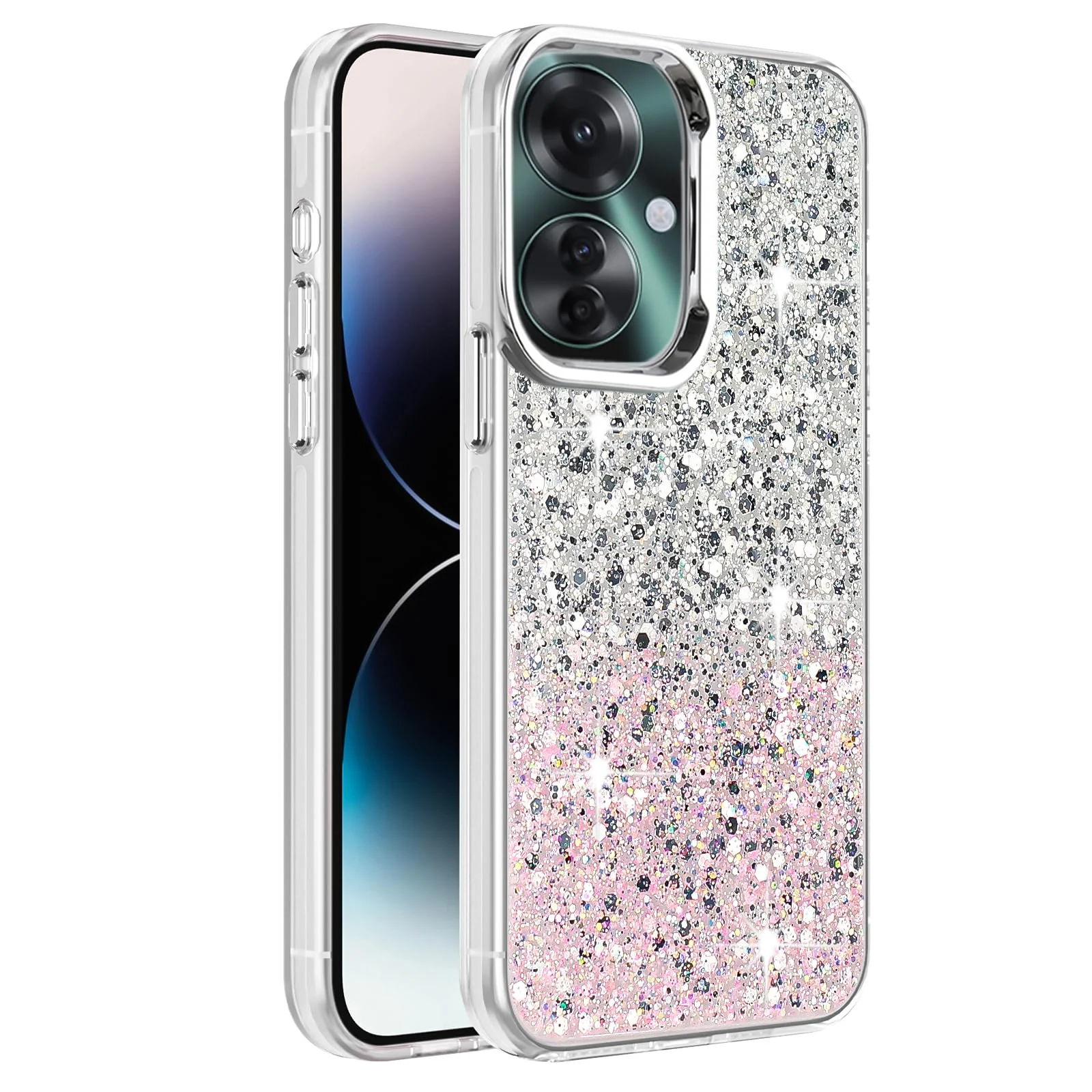 DL3 Mobilak Glitter Protective Case for OPPO Reno 11F / Reno11 F 5G, Supports wireless charging, Camera protection, Shock-absorbing protection - White Pink